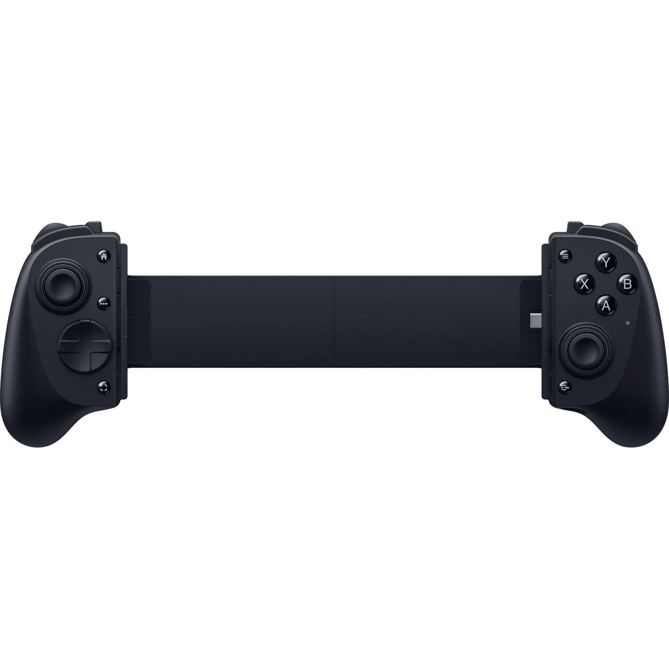 Un controller di gioco nero ed estensibile con joystick e pulsanti.