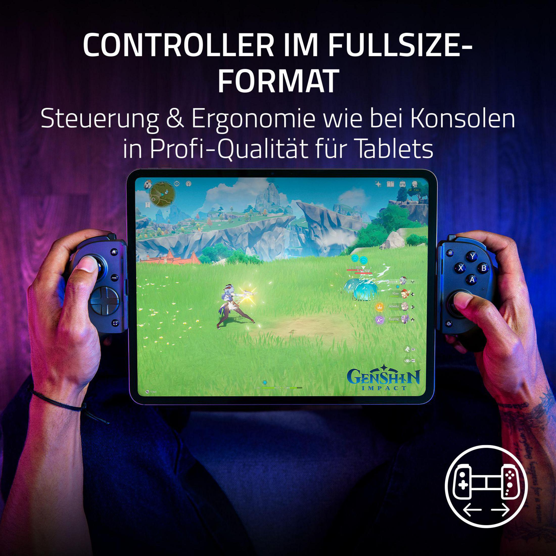 Persona gioca a Genshin Impact su tablet con due impugnature controller.