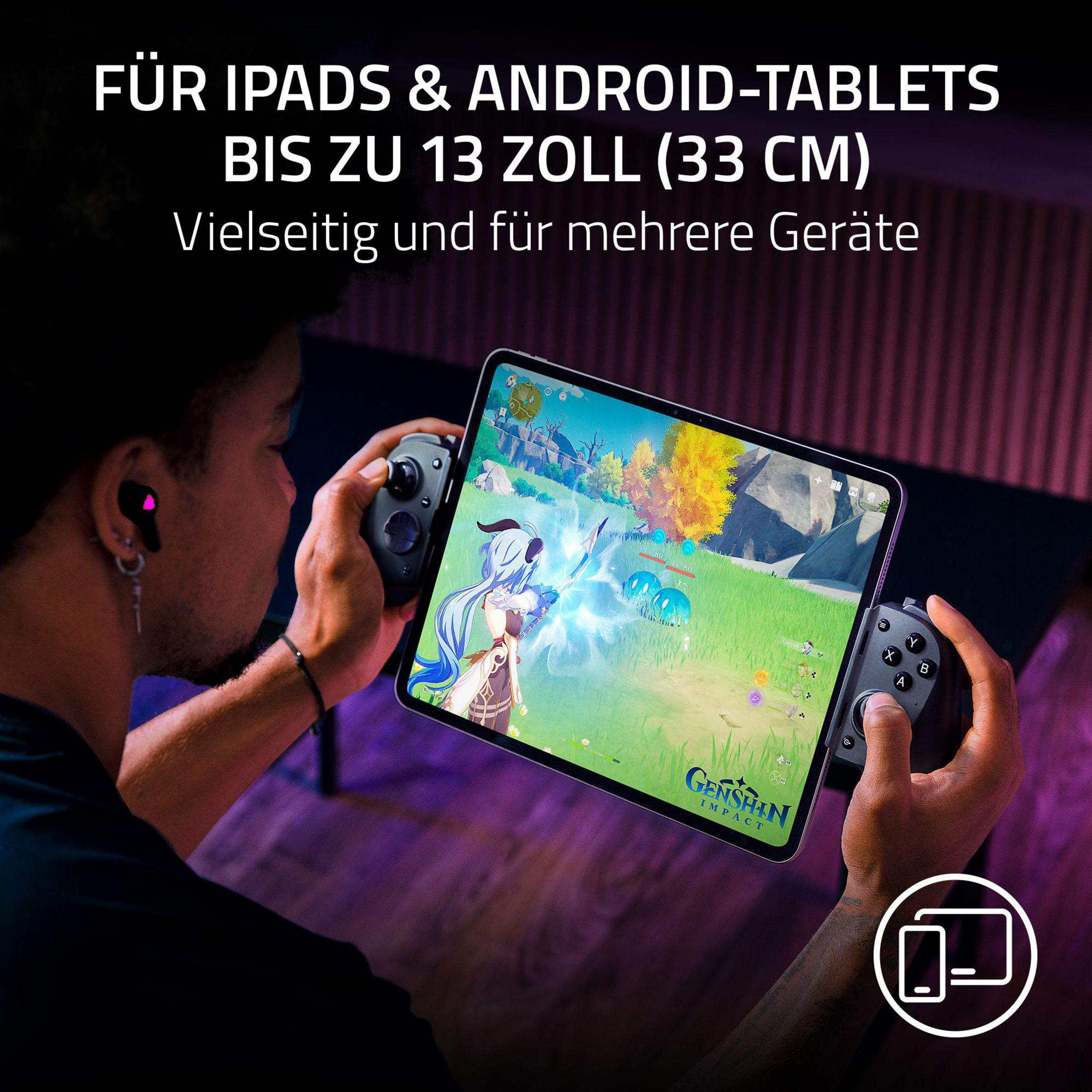 Uomo gioca a Genshin Impact su tablet con controller. Per iPad e tablet Android fino a 13 pollici.