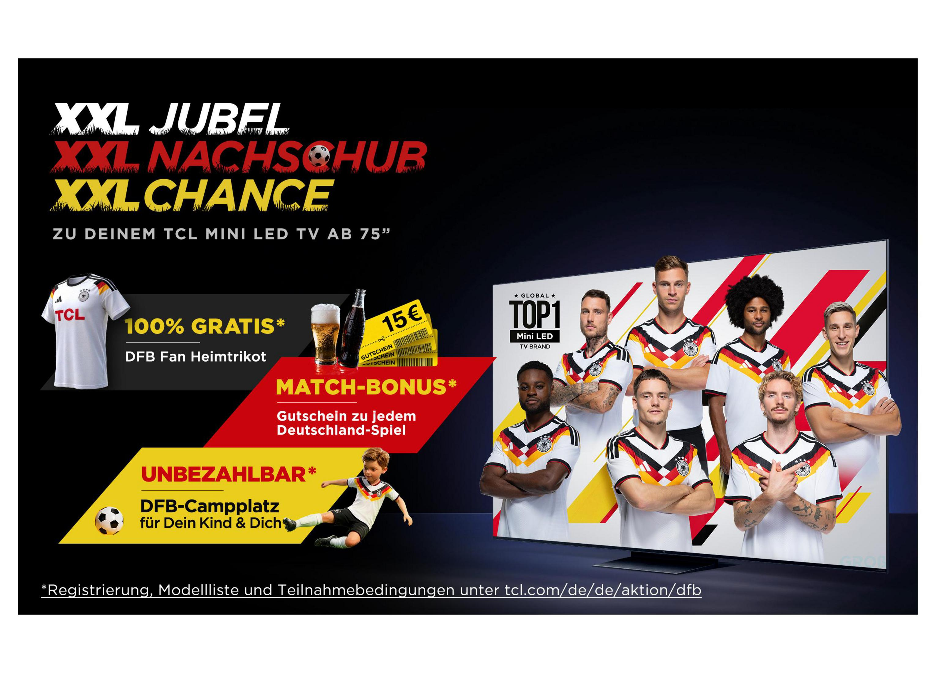 Advertentie: TCL Mini LED TV met DFB-shirt, bier, cola en vouchers.