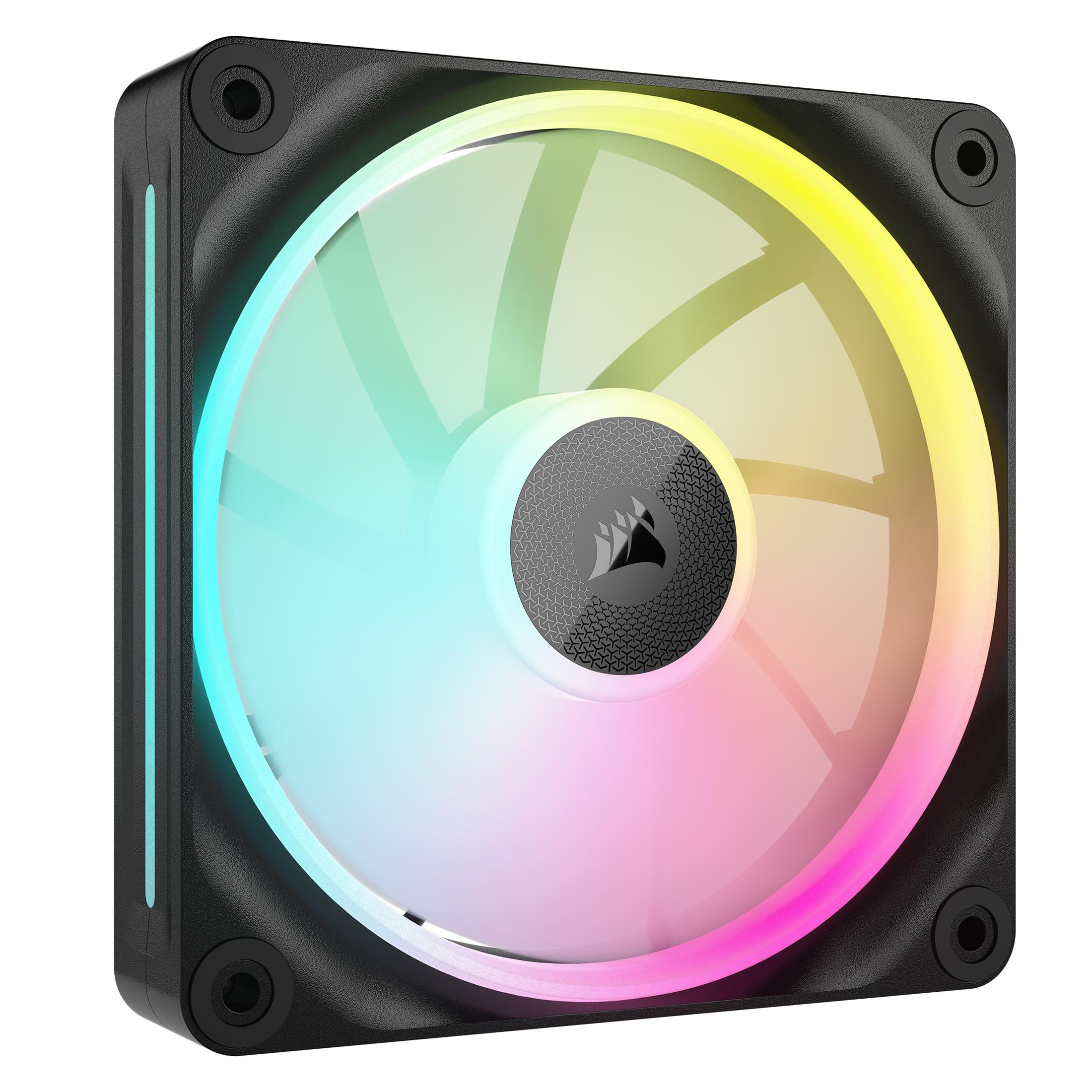 Un ventilateur d'ordinateur noir avec éclairage RVB, brillant du bleu au vert, jaune et rose.