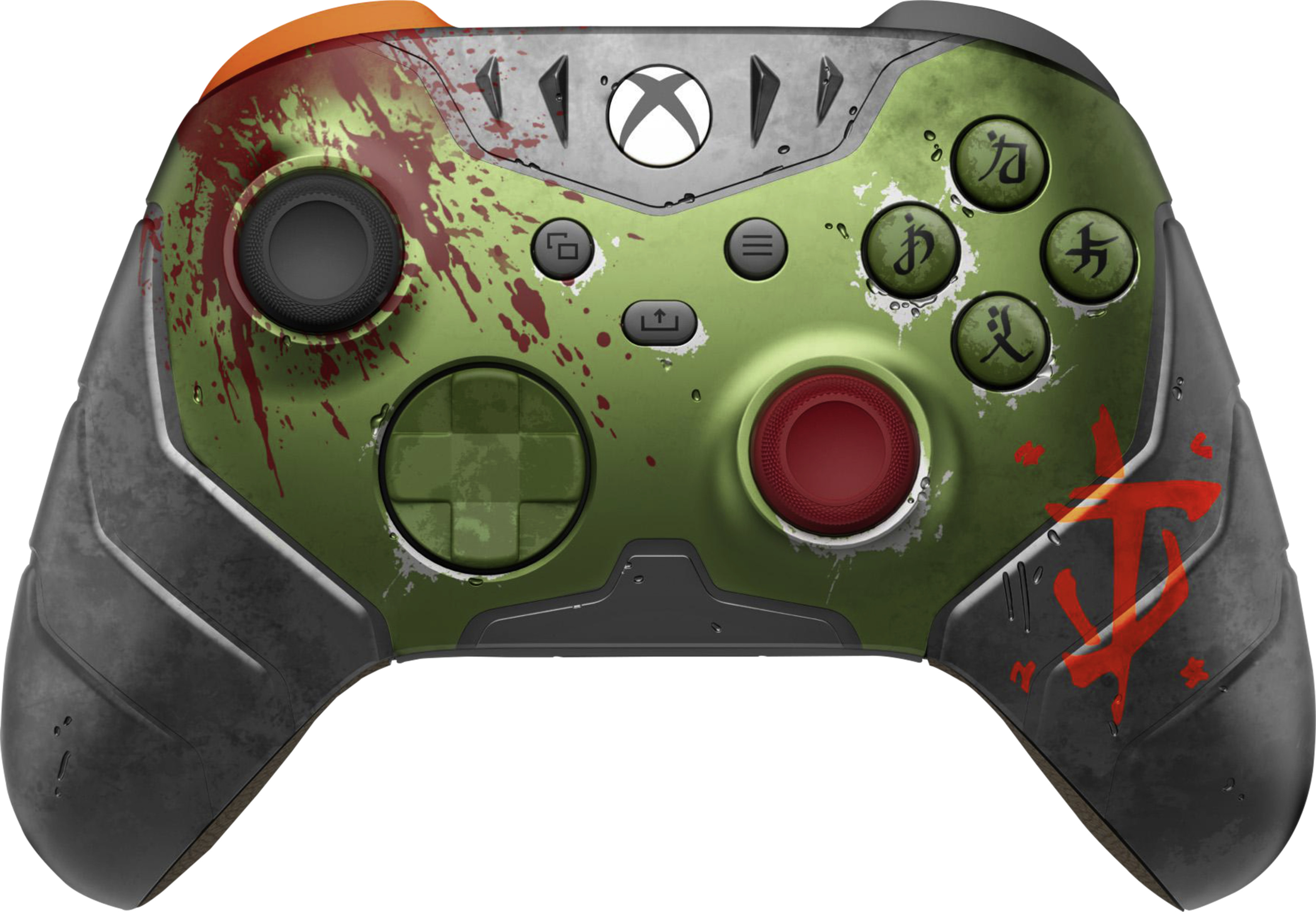 Controller verde con schizzi di sangue, logo Xbox e simboli rossi.