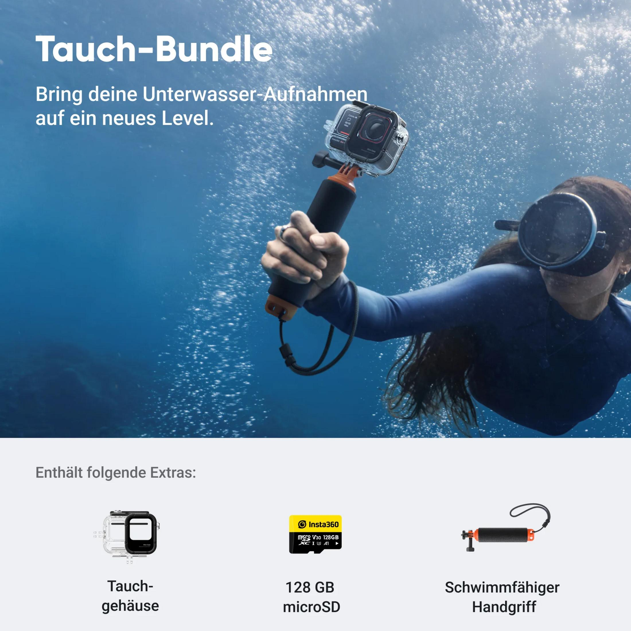 Diver holds camera with handle underwater, bubbles in background.