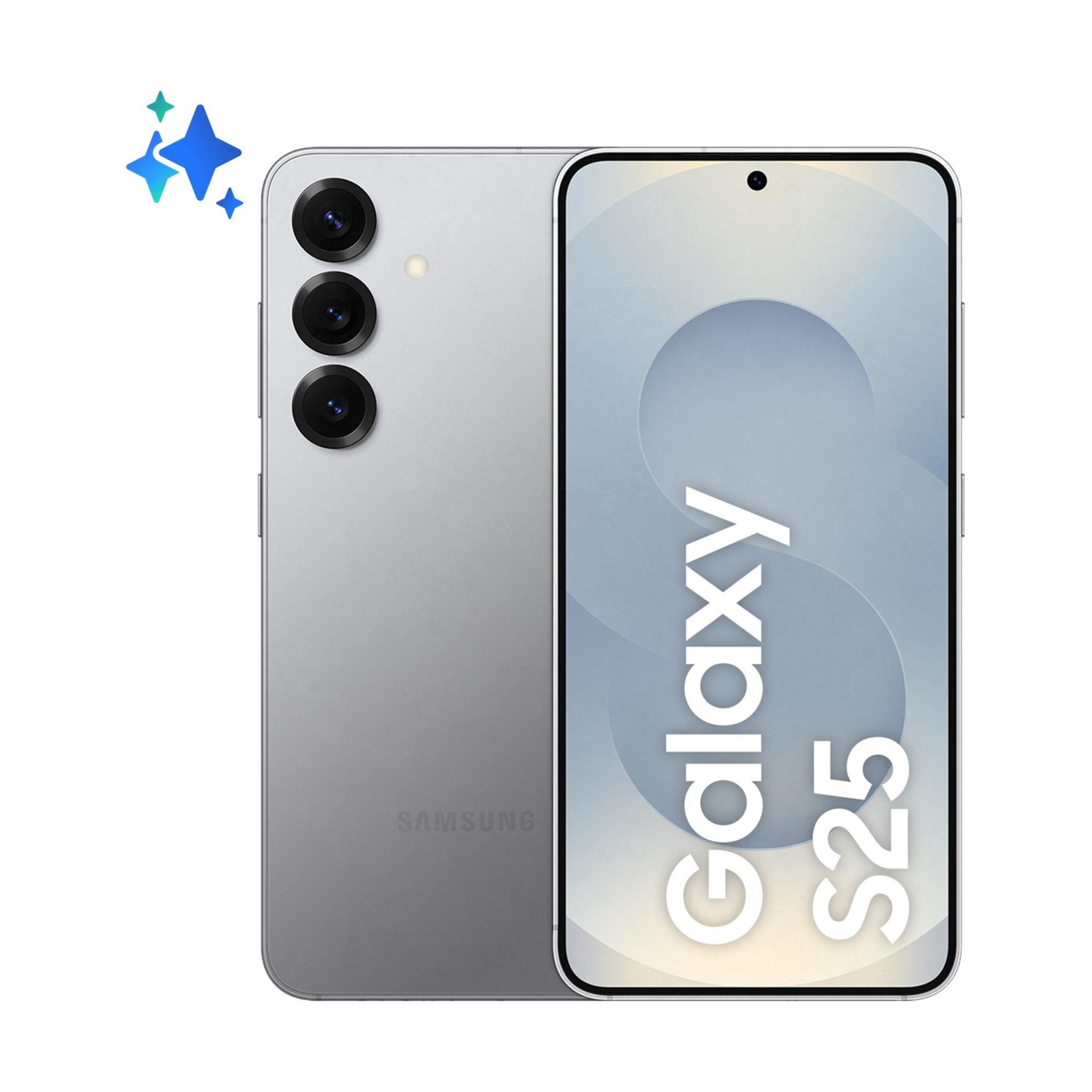 Silbernes Samsung Galaxy S25 Smartphone mit drei Kameras. Ein leuchtendes Symbol.