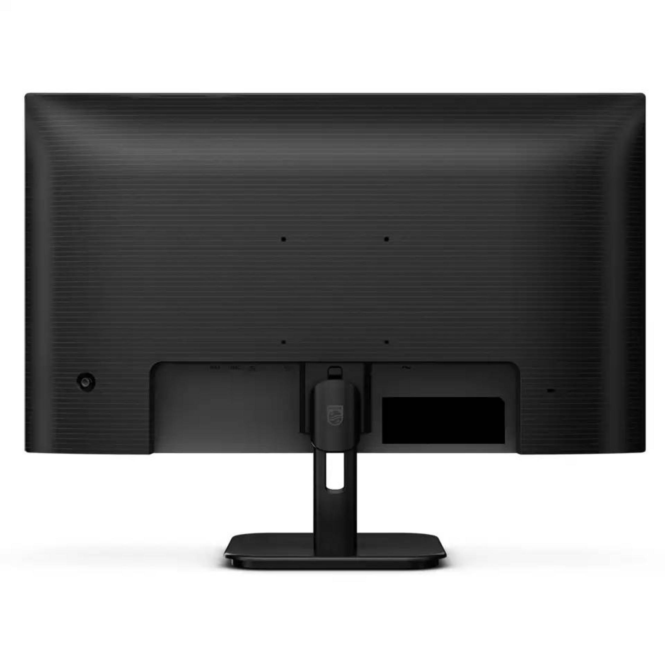 Rückseite eines schwarzen Monitors mit Anschlüssen und Ständer.