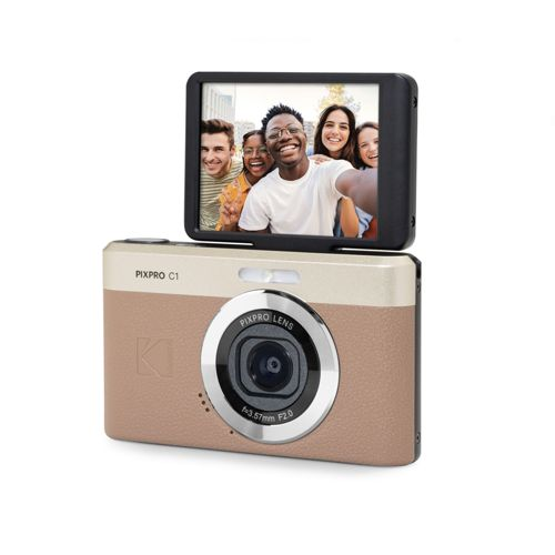 Cámara digital bicolor marrón y beige. La pantalla muestra cinco caras sonrientes.