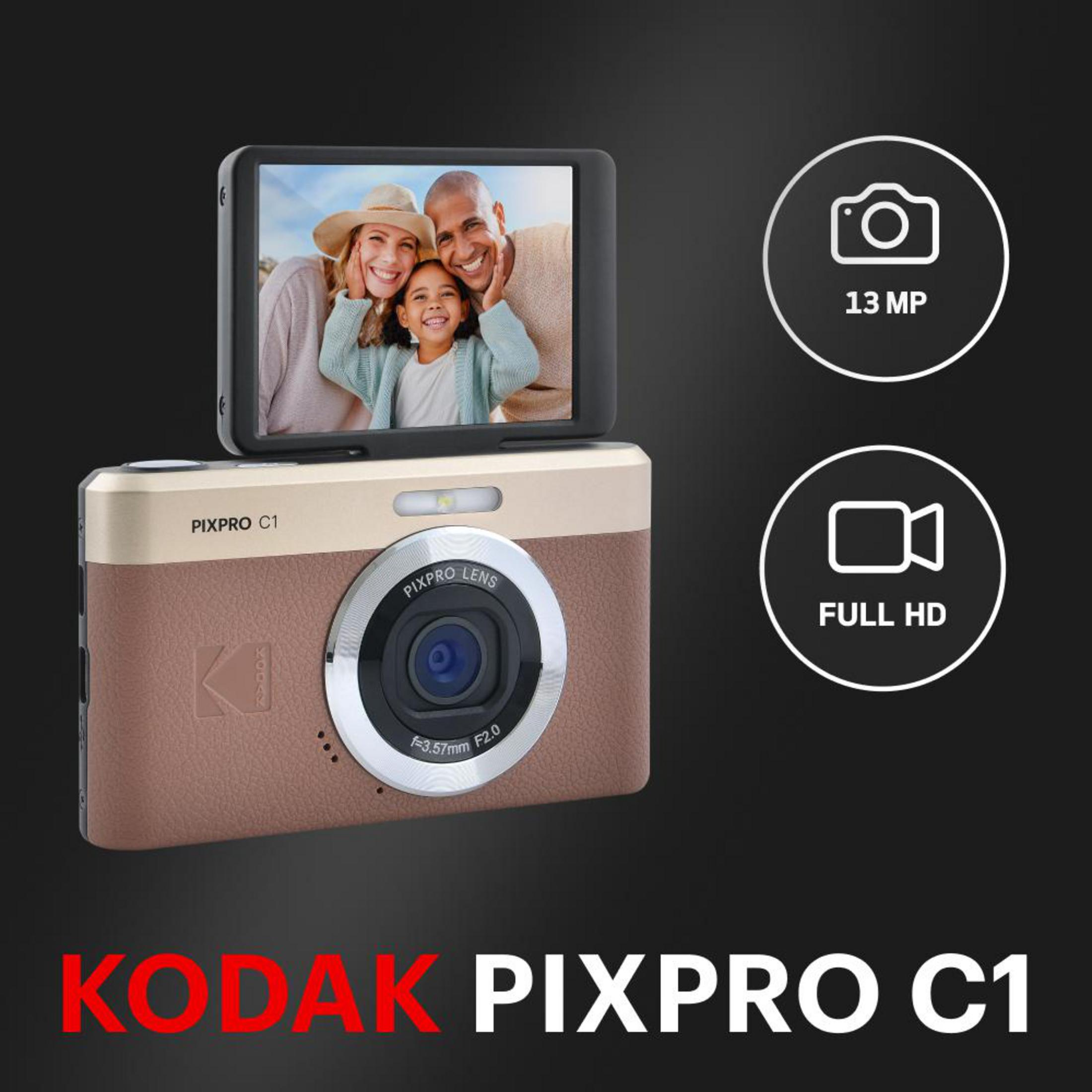 Cámara Kodak Pixpro C1 con foto familiar en pantalla, 13 MP, Full HD.