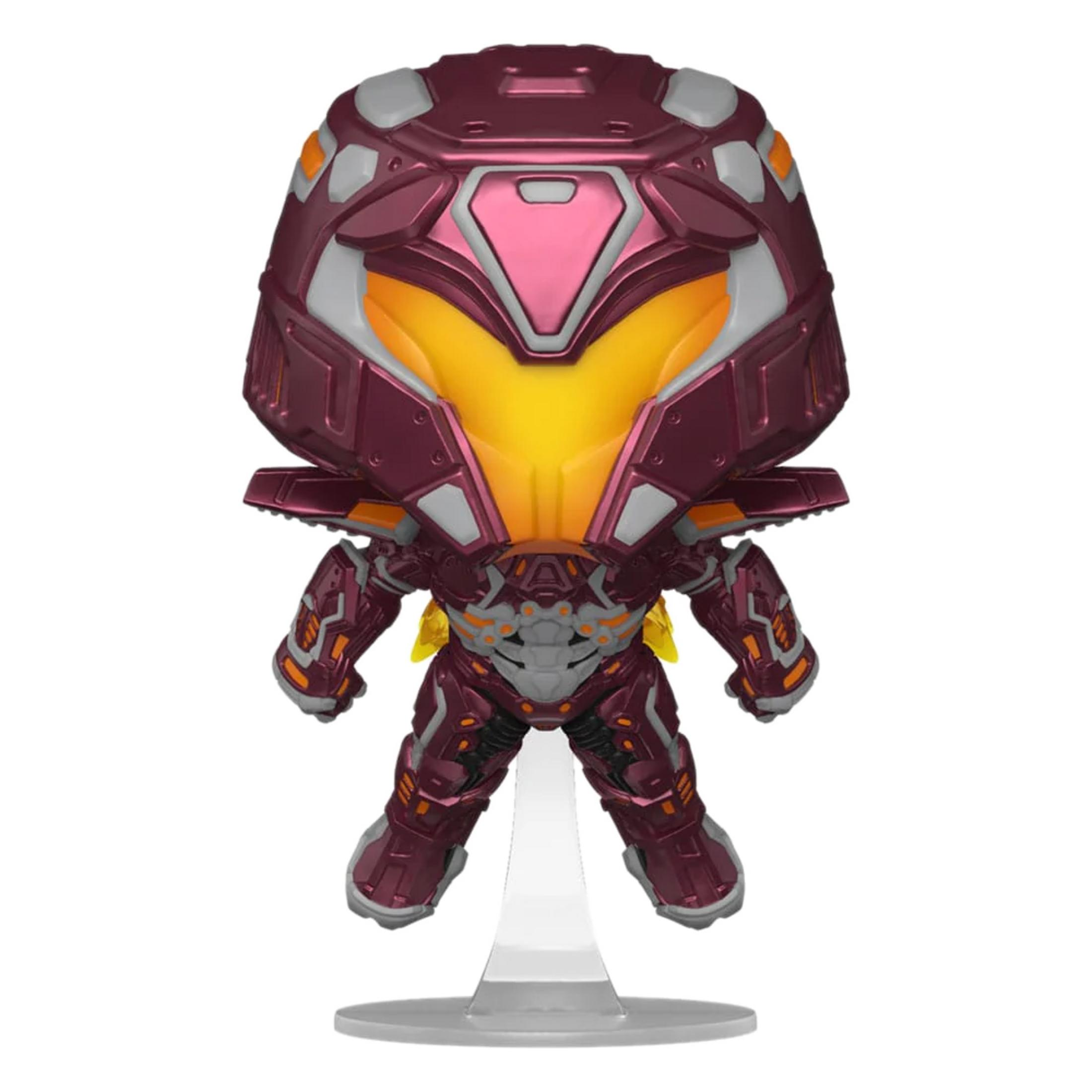 Una figura blindada color vino con visor amarillo sobre una base transparente.