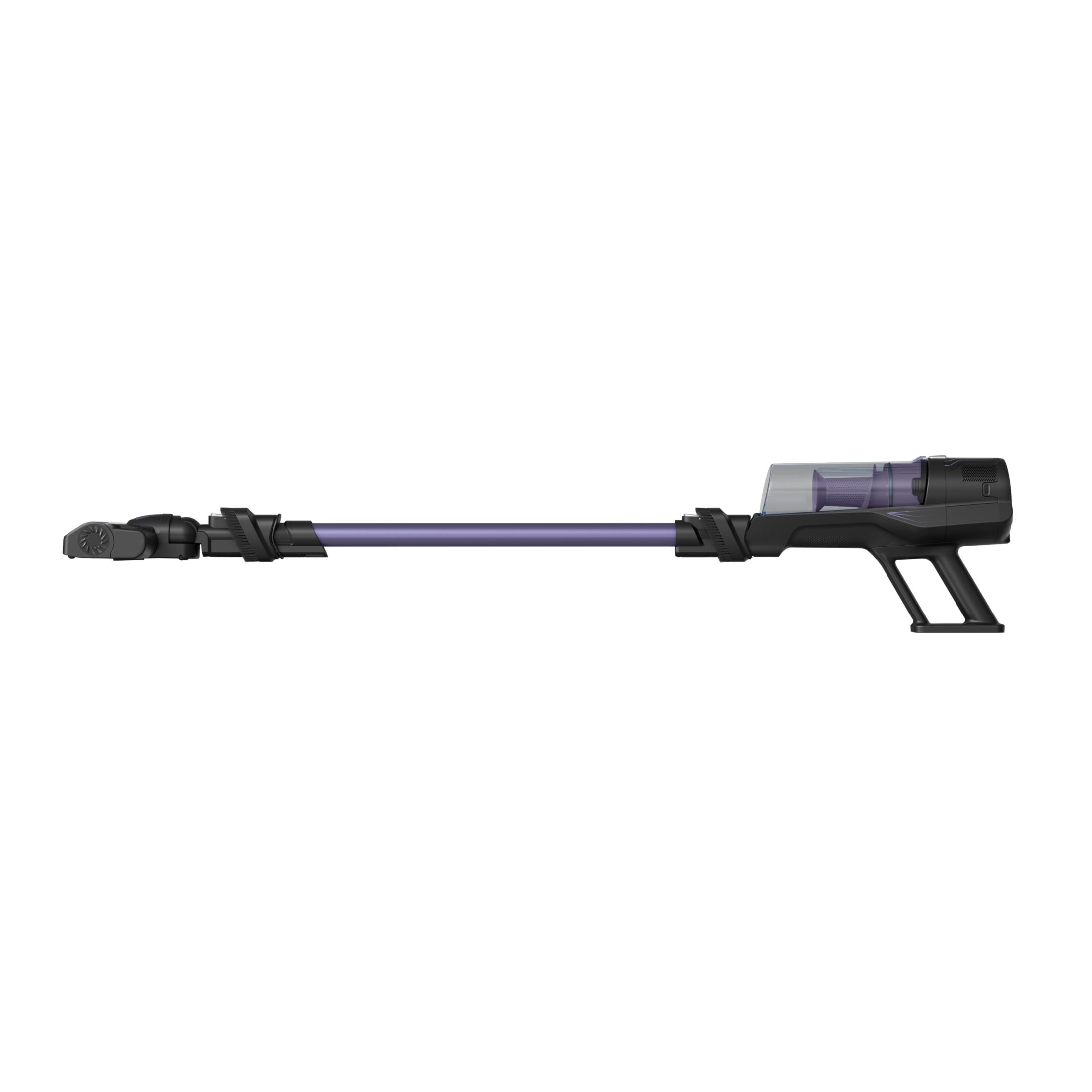 Schwarzer Staubsauger mit violettem Rohr und transparentem Behälter.