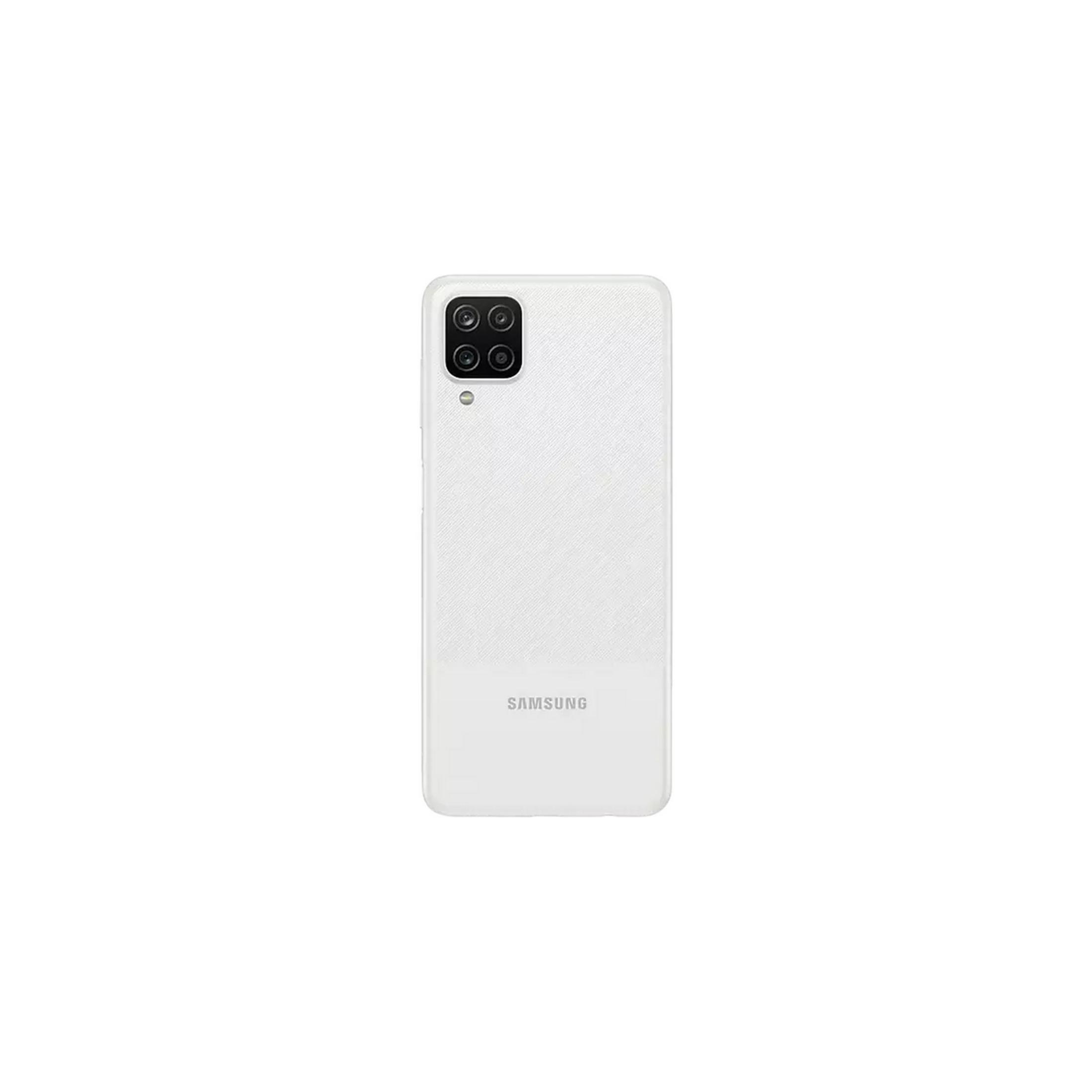 Een witte Samsung smartphone met vier camera's aan de achterkant.