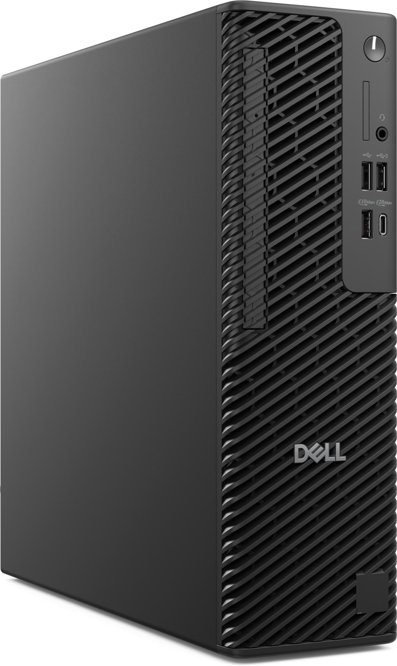 Un ordinateur de bureau Dell noir avec des ports USB et un bouton d'alimentation.