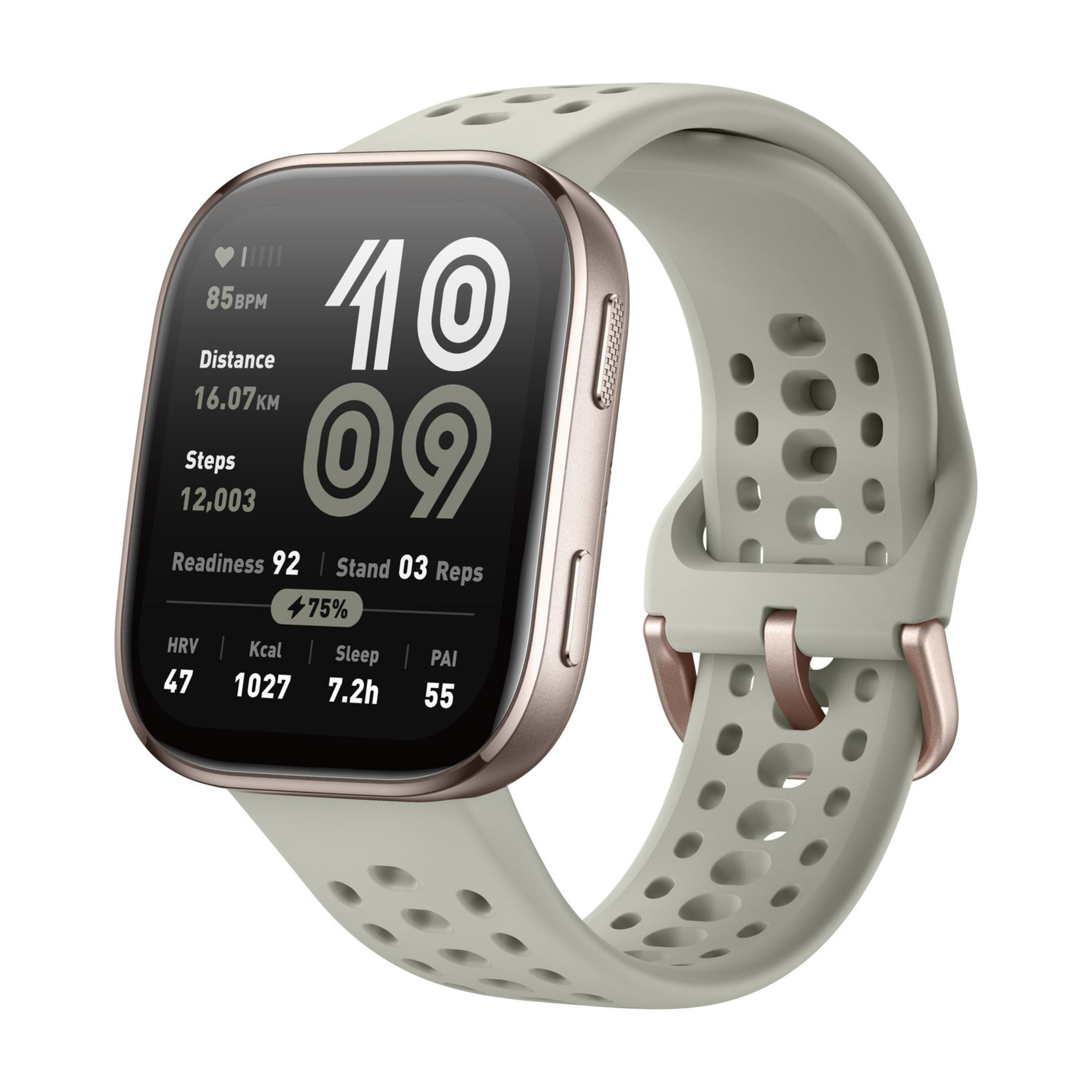 Uno smartwatch grigio con ghiera oro rosa, che mostra le 10:09.
