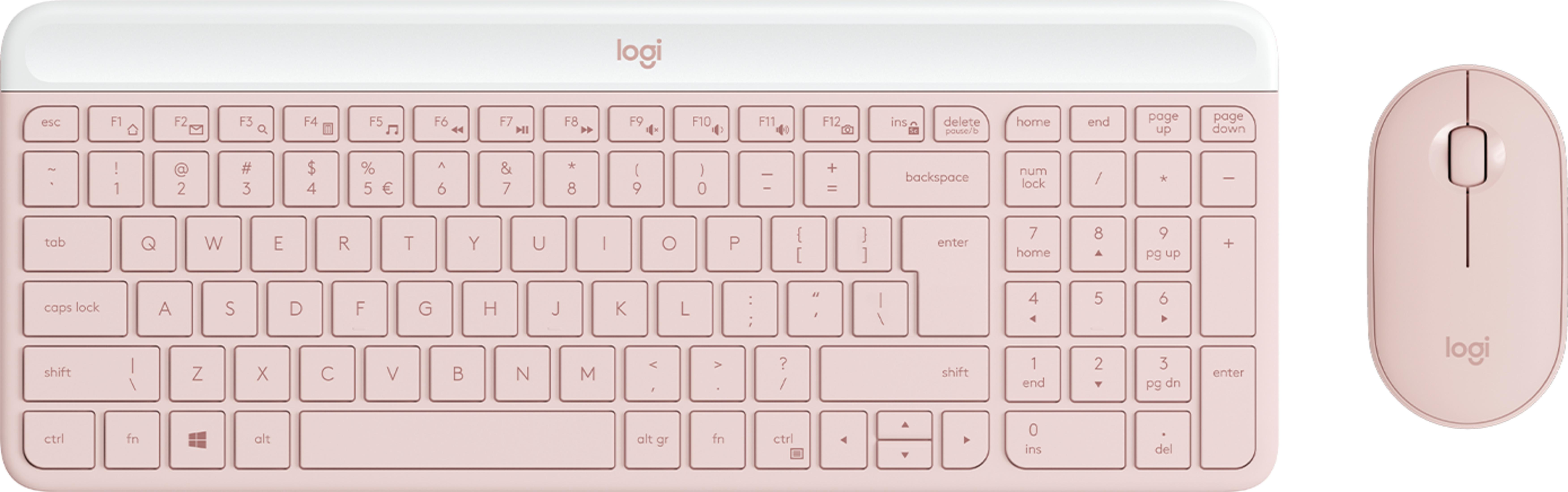 Un set di tastiera e mouse Logitech rosa su sfondo bianco.