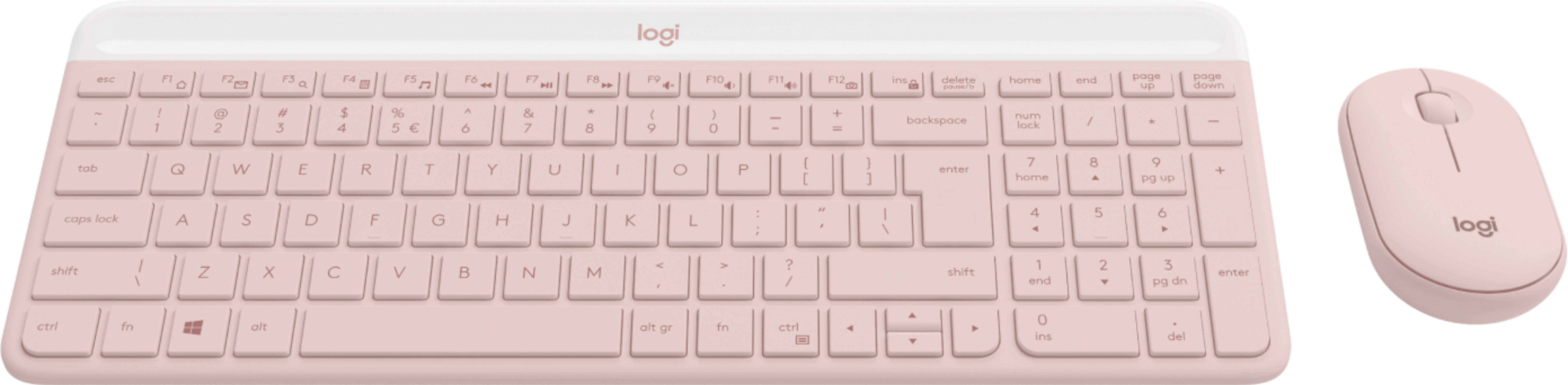 Una tastiera e un mouse Logitech rosa sono uno accanto all'altro su sfondo bianco.