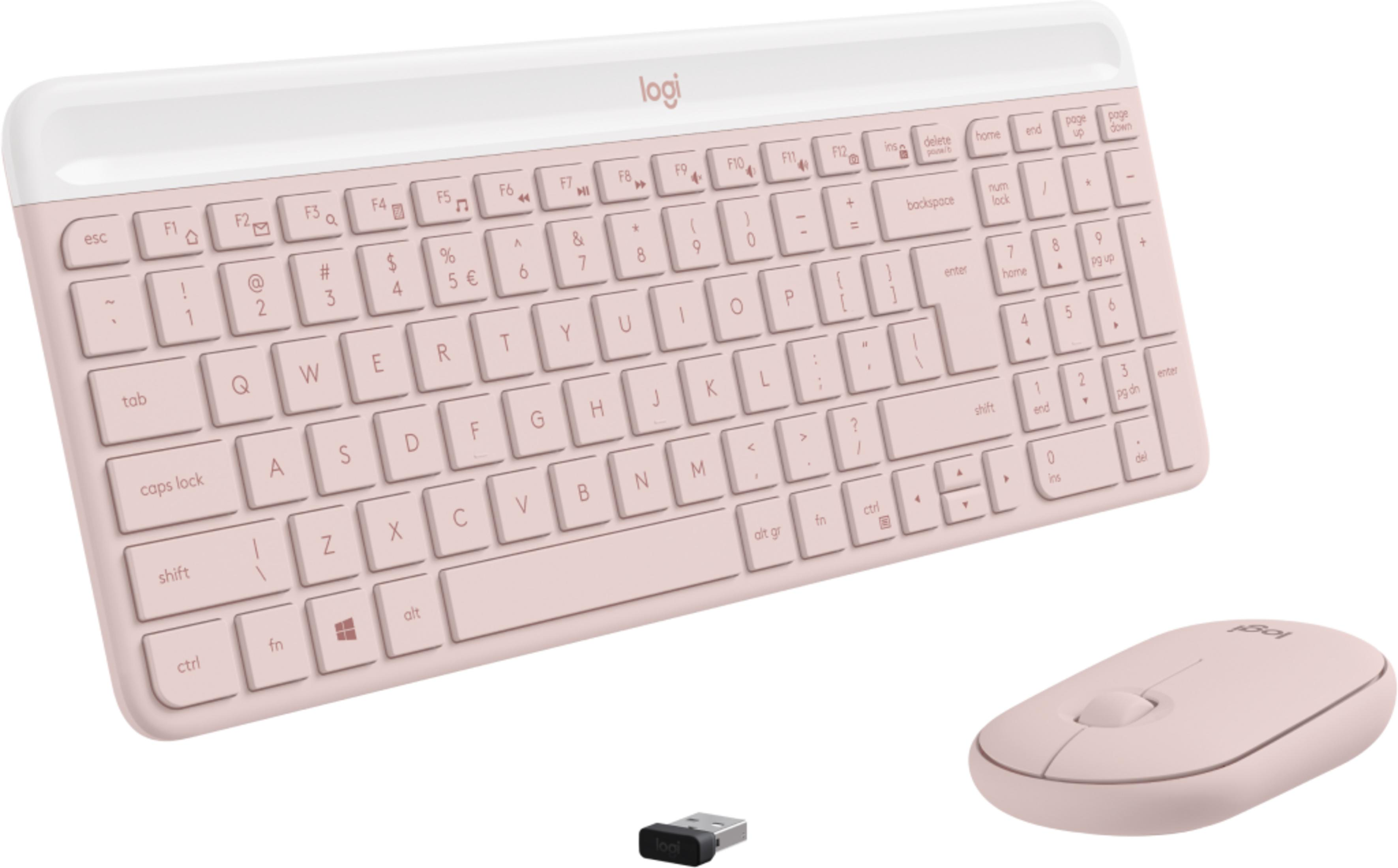 Una tastiera e un mouse wireless Logitech K380 rosa con dongle USB.