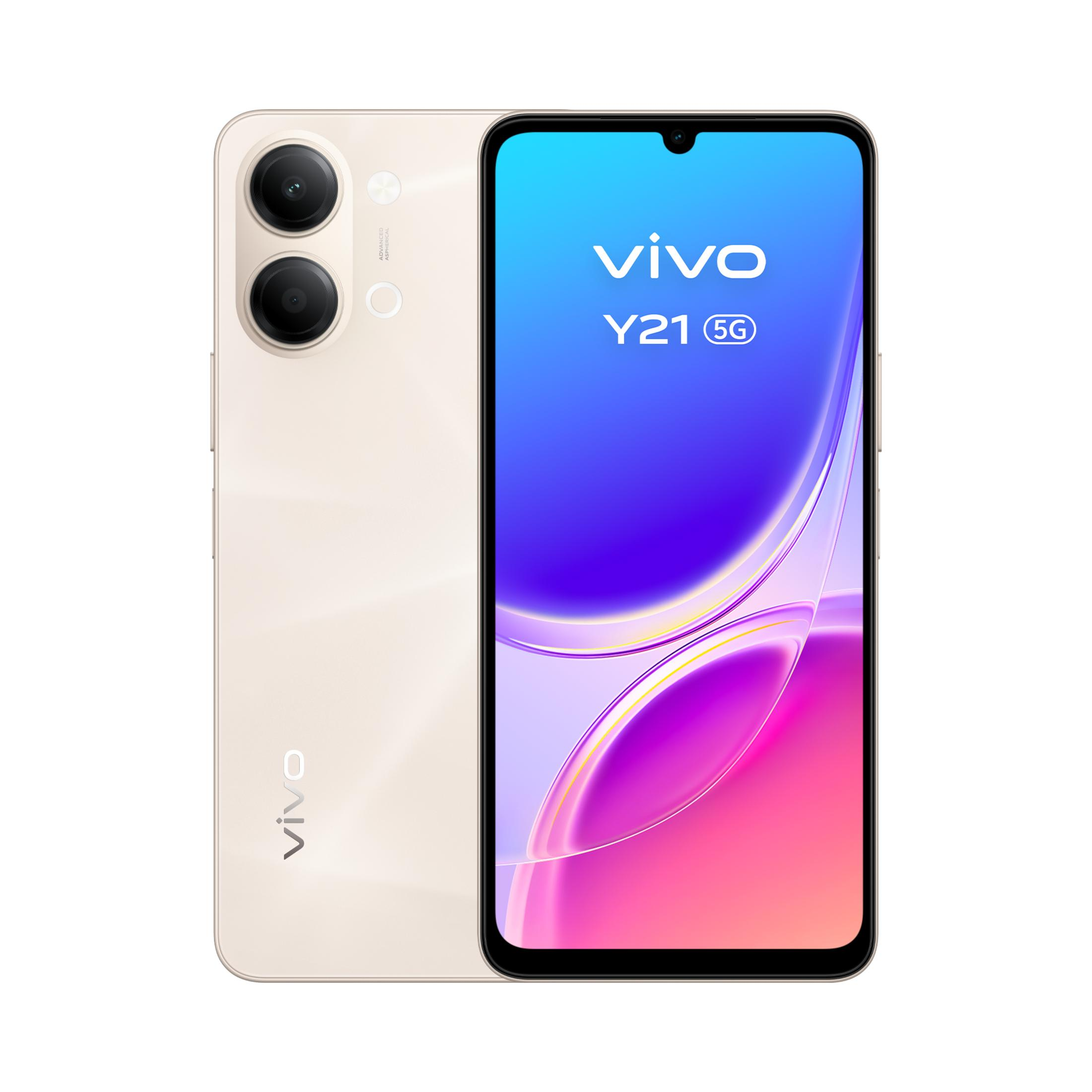 Uno smartphone Vivo Y21 5G oro chiaro con doppia fotocamera posteriore.