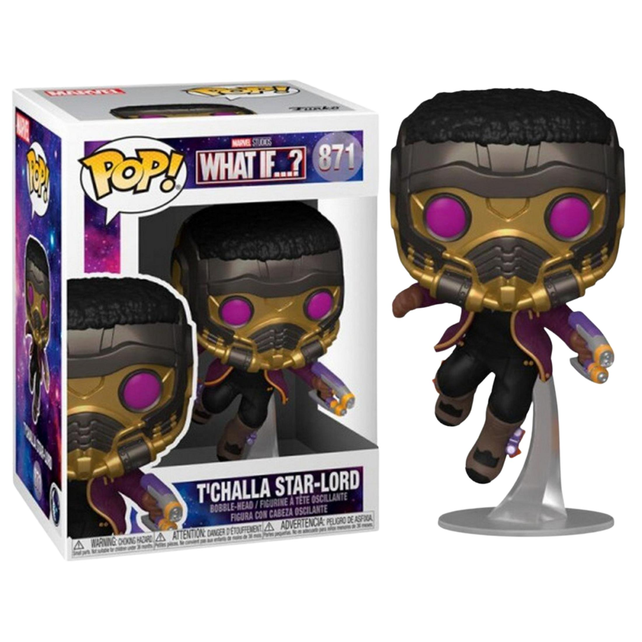 Ein Funko Pop! von T'Challa Star-Lord mit goldener Maske und lila Augen.