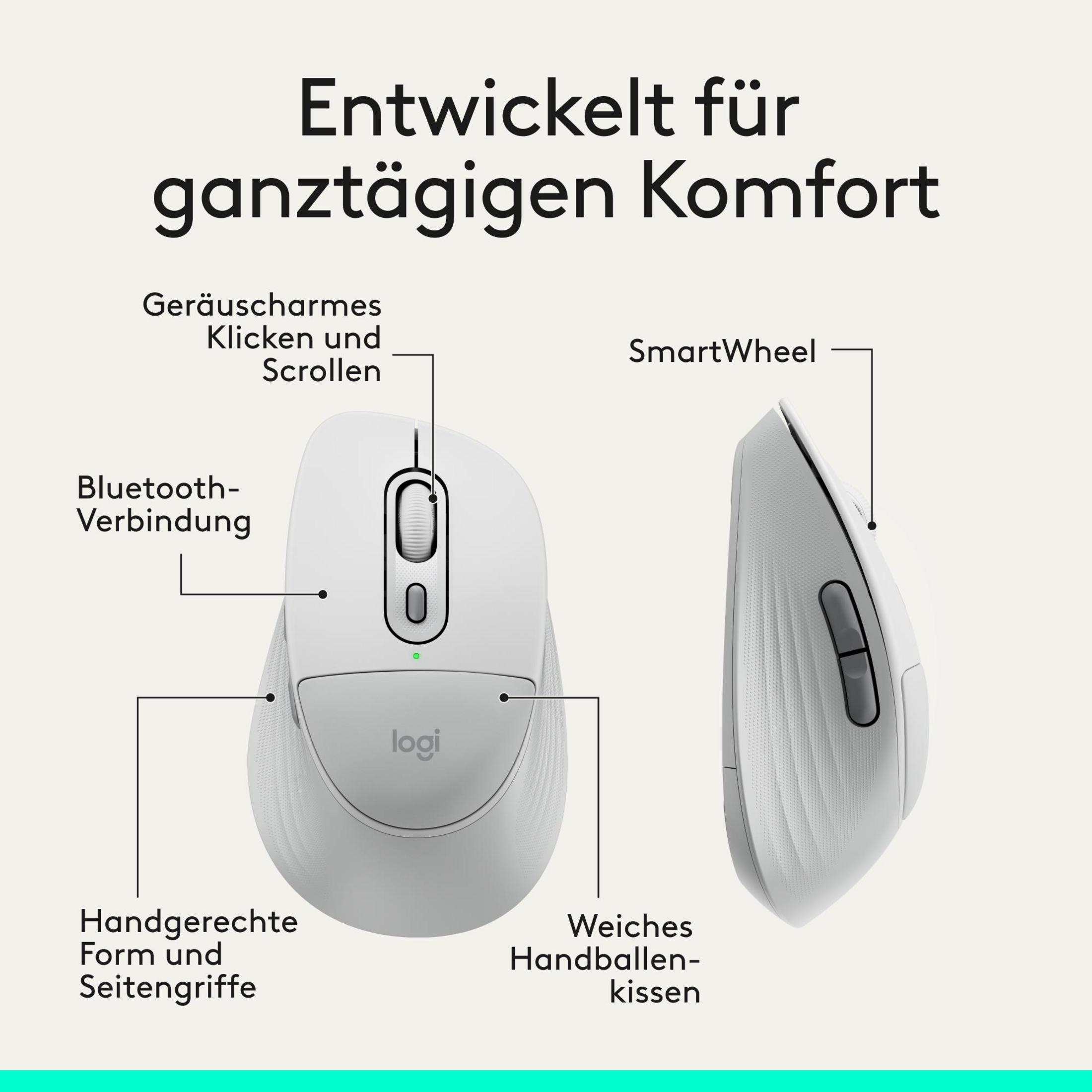 Weiße Logitech Maus mit Text, der Komfort und Funktionen hervorhebt.