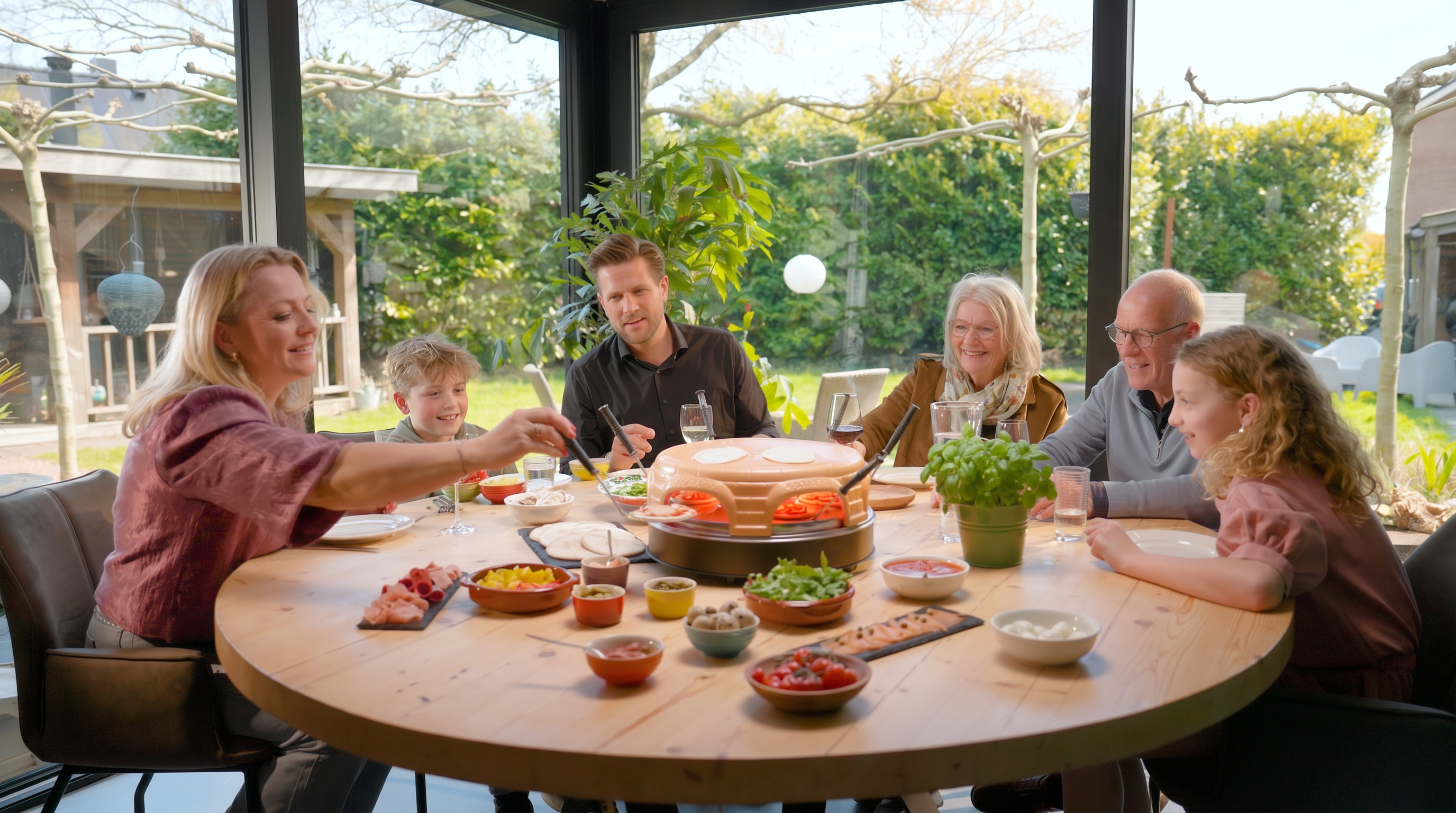 Een familie geniet van een maaltijd rond een ronde tafel met raclettegrill.