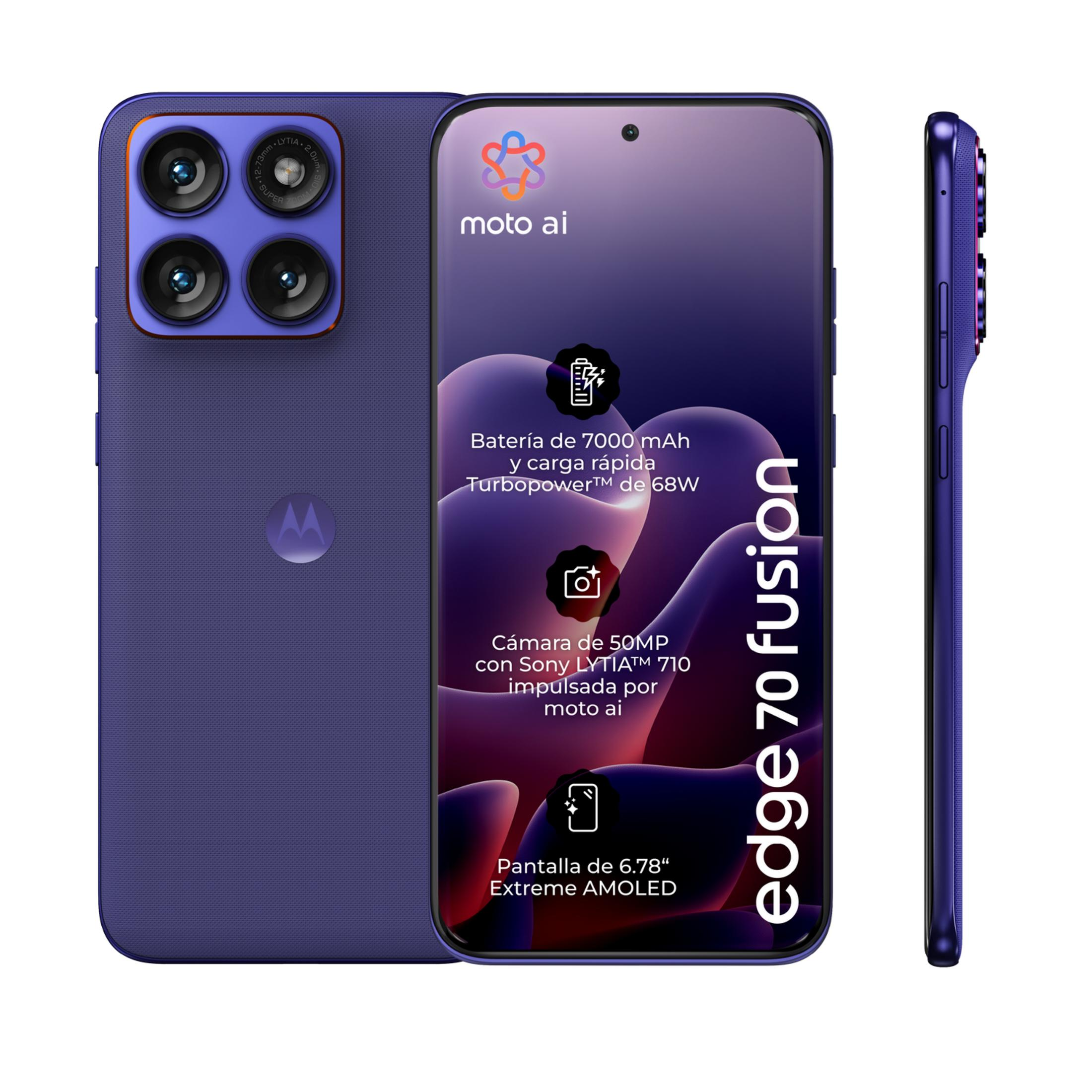 Telefono Motorola viola con quattro fotocamere, scritta 