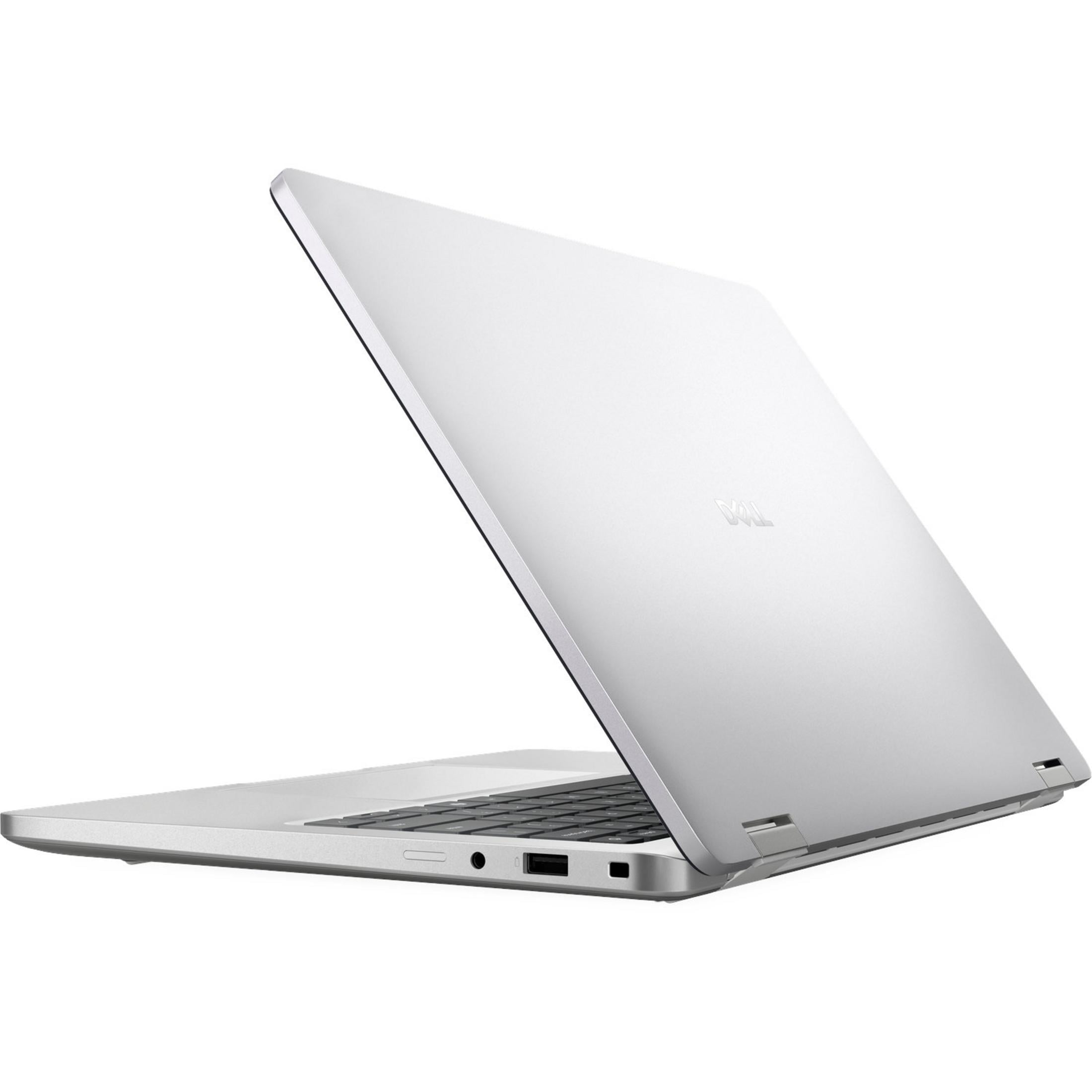 Ein silberner Dell-Laptop ist geöffnet und zeigt die Tastatur und Anschlüsse.