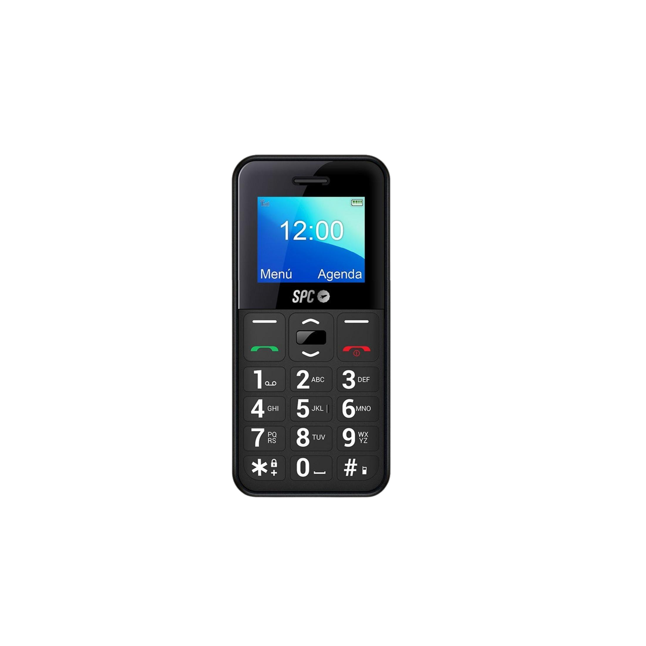 Telefono cellulare SPC nero con ora 12:00 sul display e opzioni Menu/Agenda.