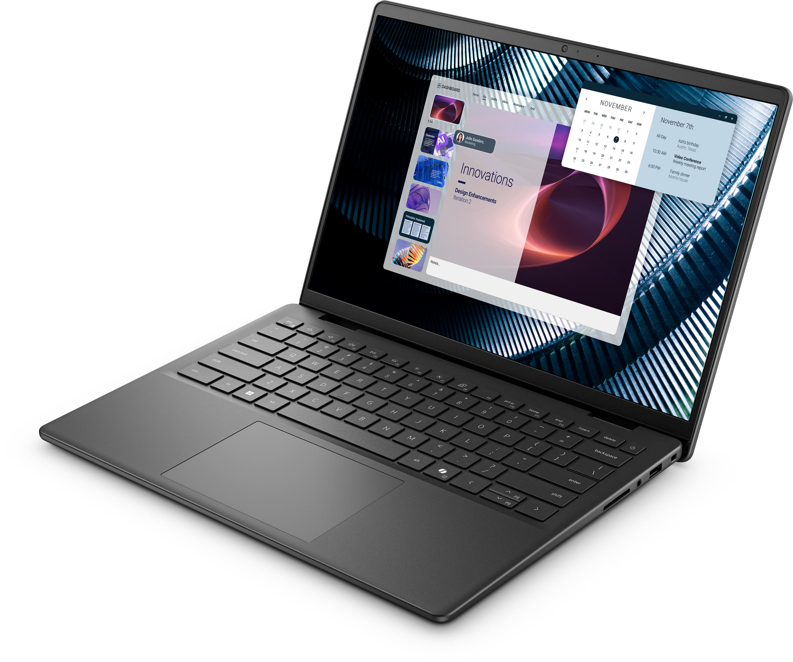 Ein dunkler Laptop mit einem geöffneten Kalender und Notizenfenster auf dem Bildschirm.
