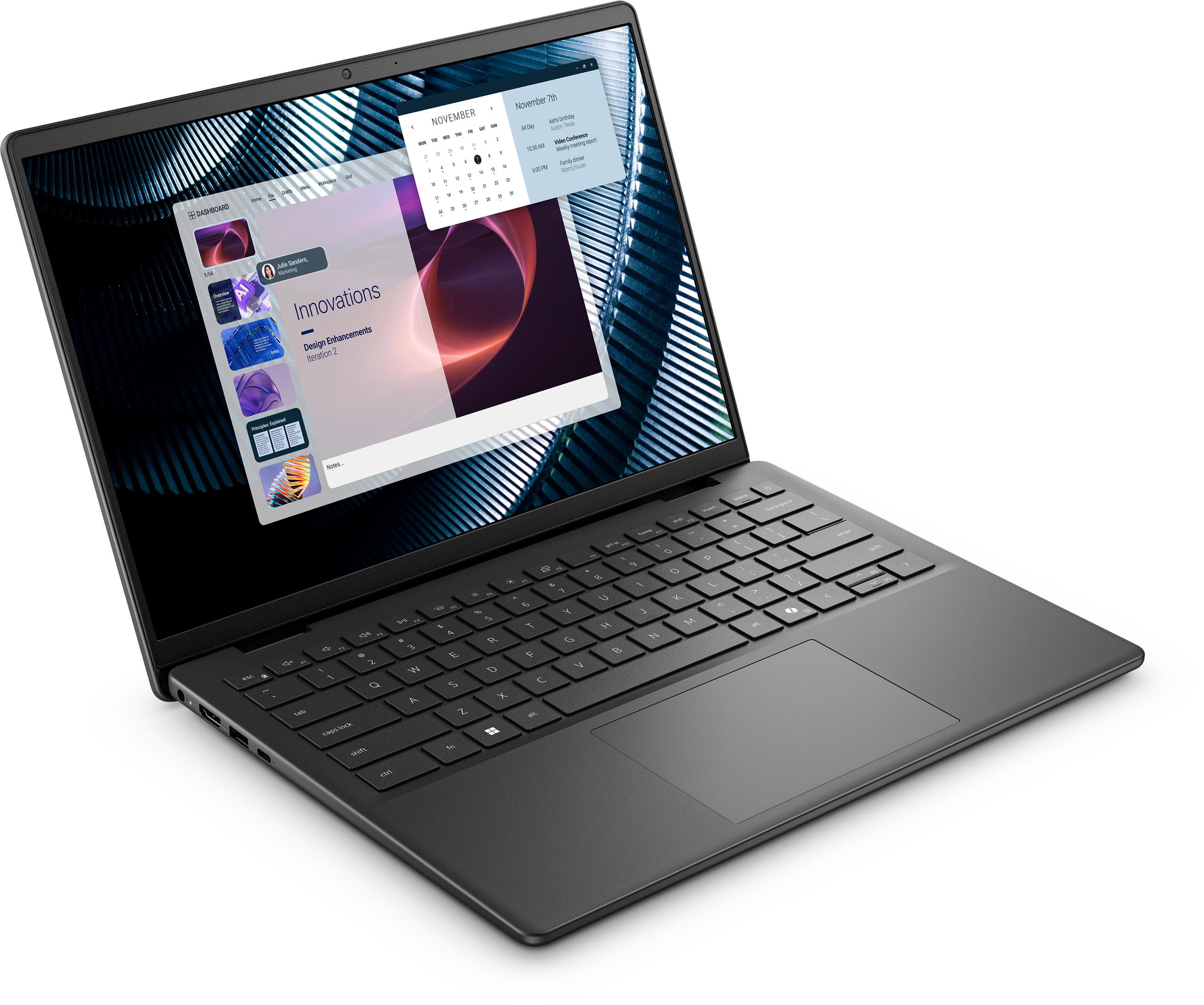 Ein schwarzer Laptop mit einem geöffneten Dashboard und einem Kalender.