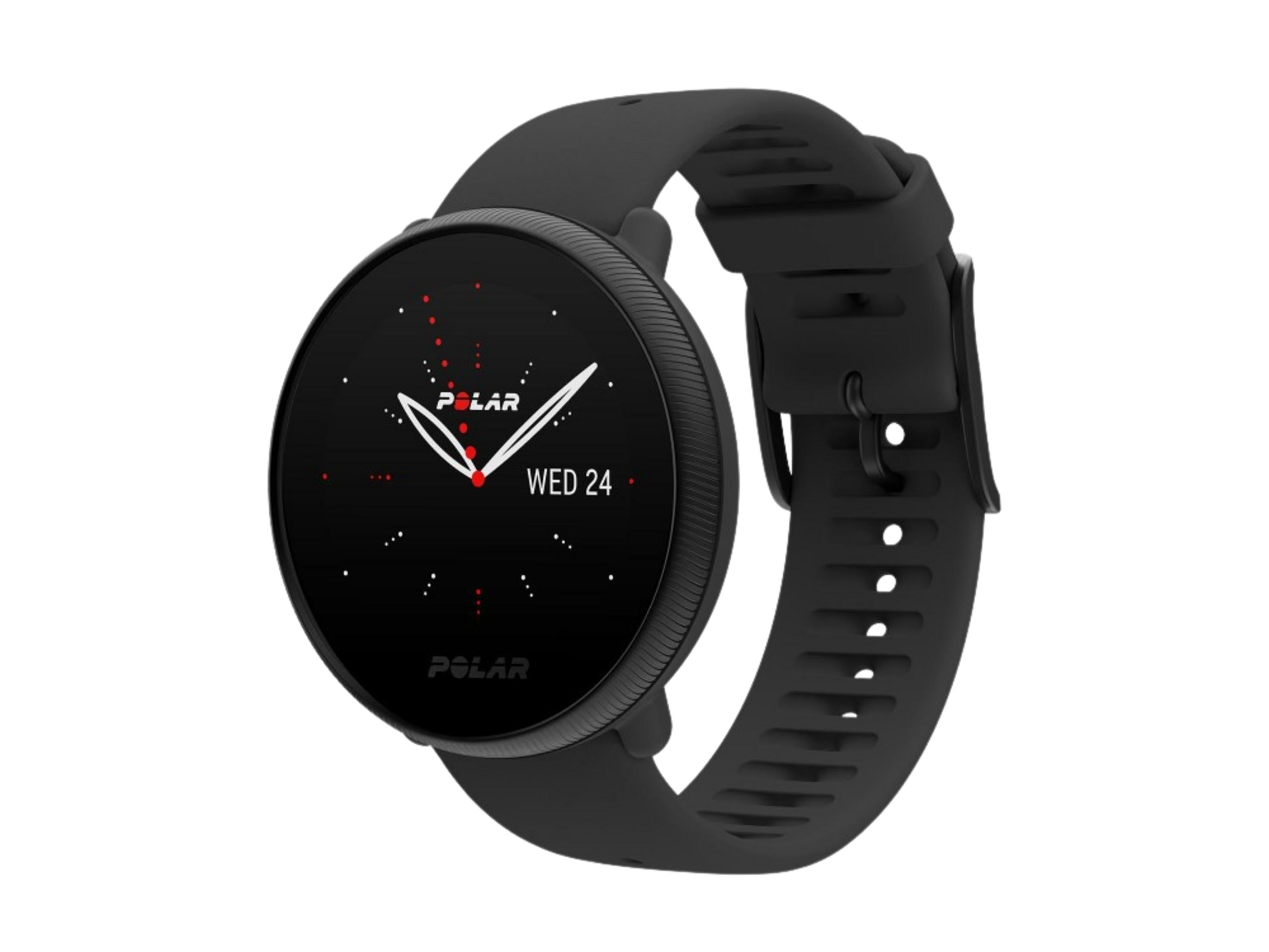 Schwarze Smartwatch mit rundem Display, das den Mittwoch, den 24. anzeigt.