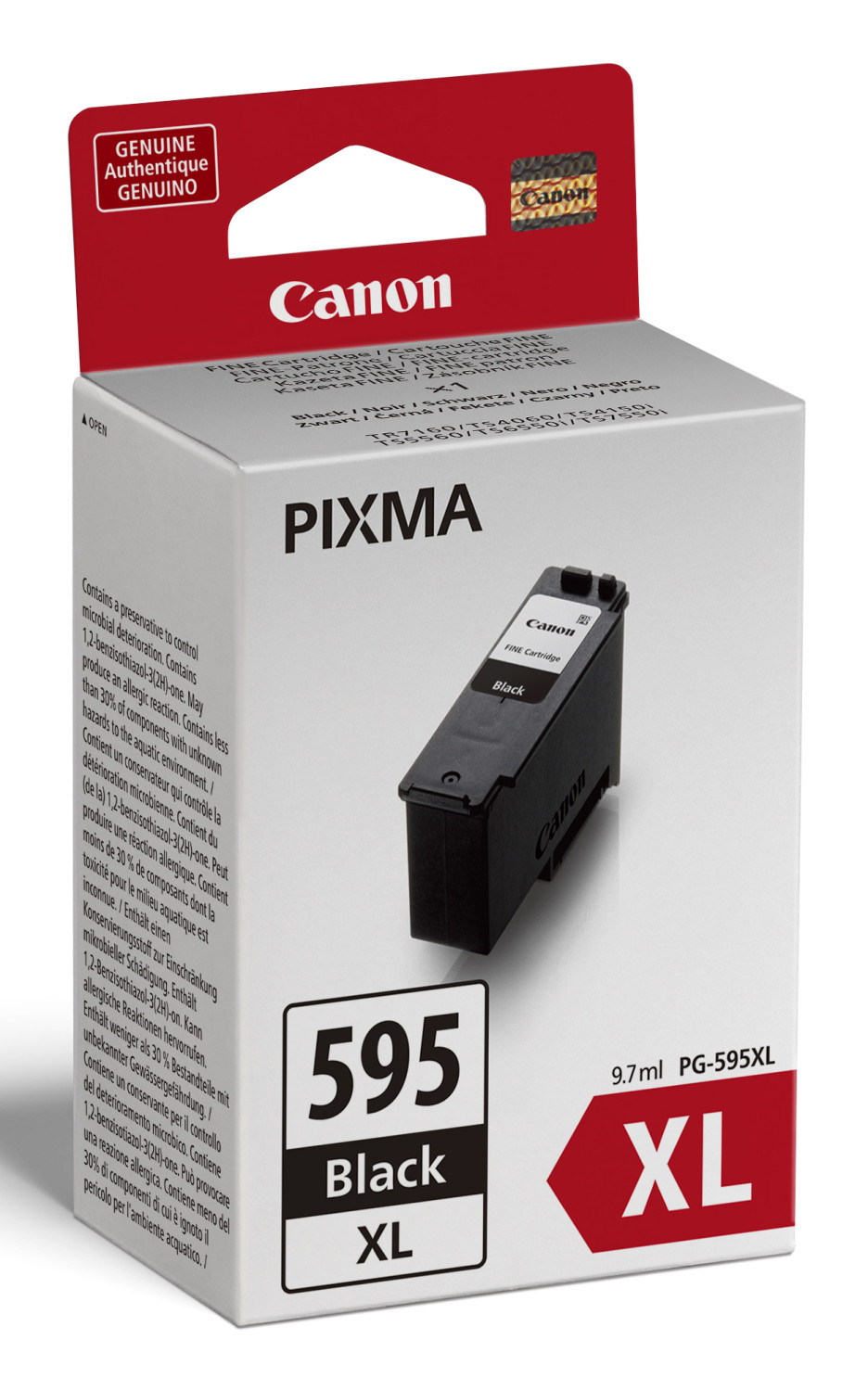 Eine Canon Pixma 595 XL schwarze Tintenpatrone auf einer Verpackung.