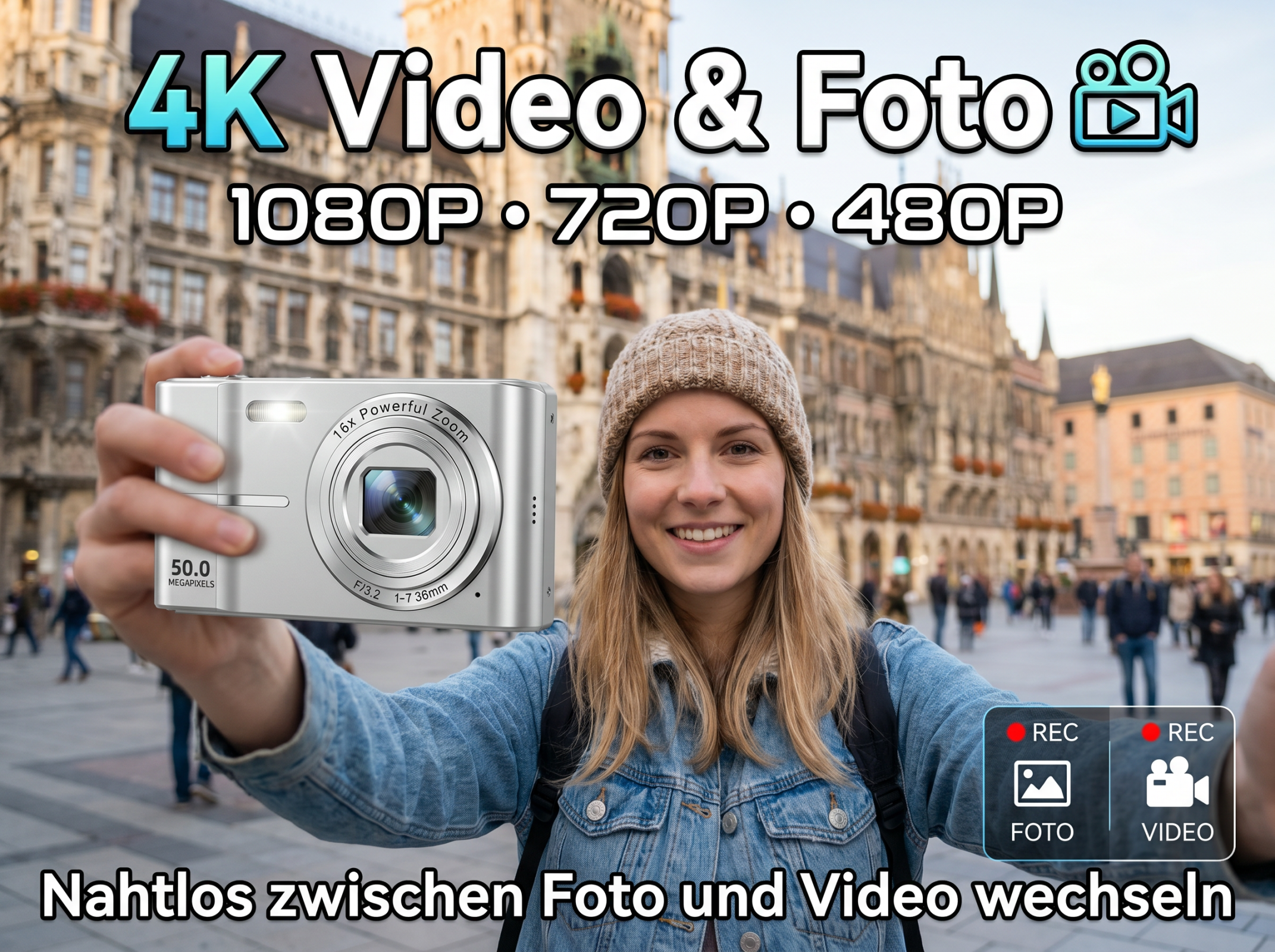 Eine Frau macht ein Selfie mit einer Kamera vor einem Gebäude.