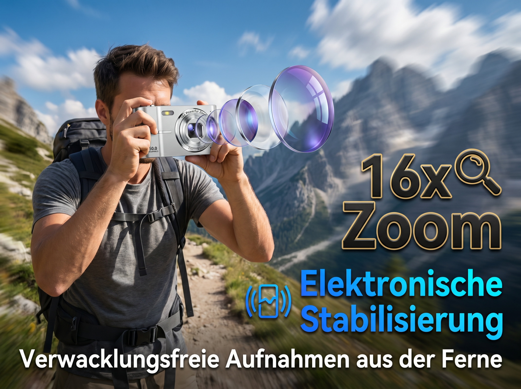 Mann fotografiert mit Kamera in Berglandschaft. 16x Zoom, Stabilisierung.