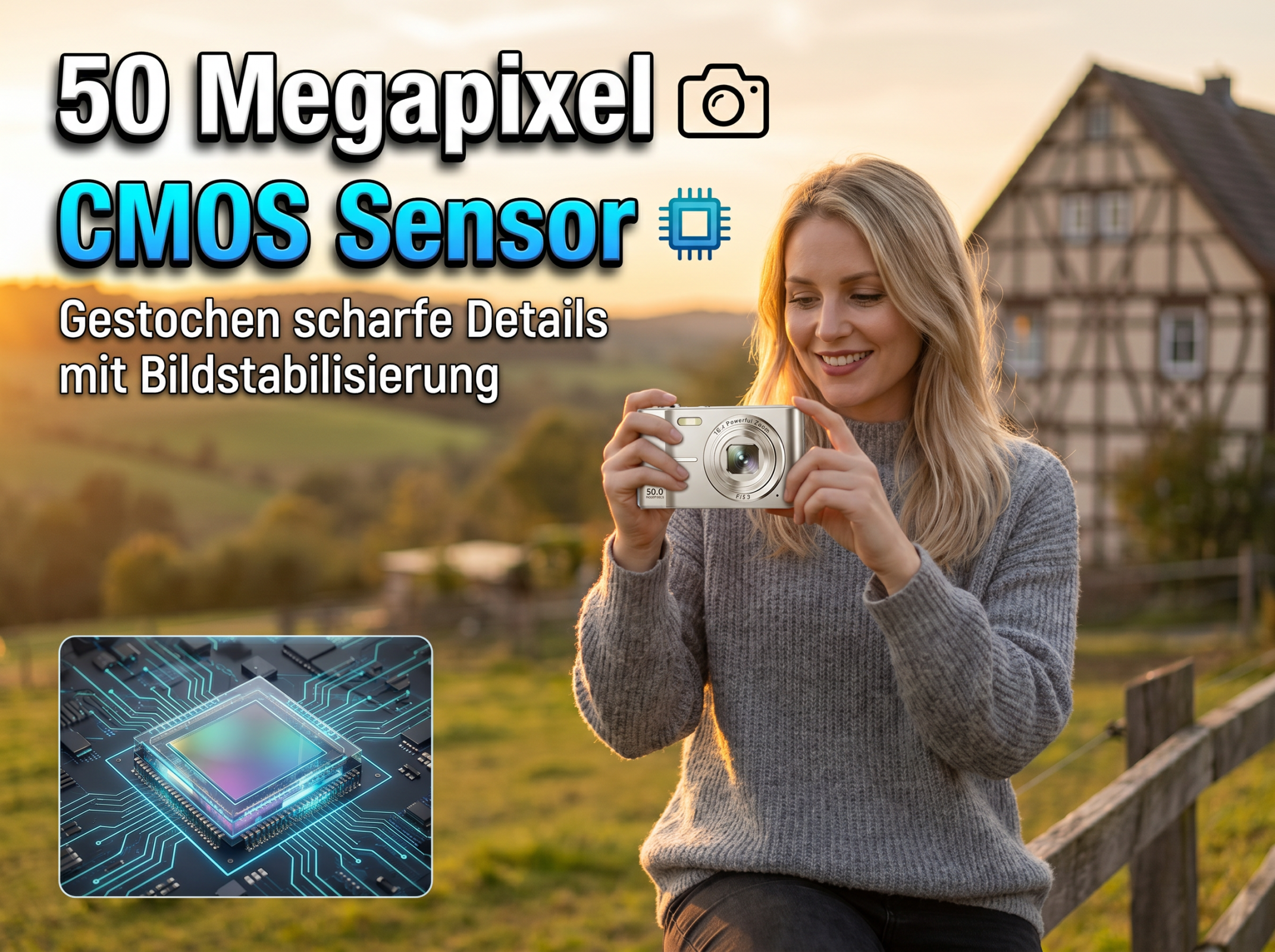 Frau mit Kamera und einer Grafik eines CMOS-Sensors. Haus im Hintergrund.