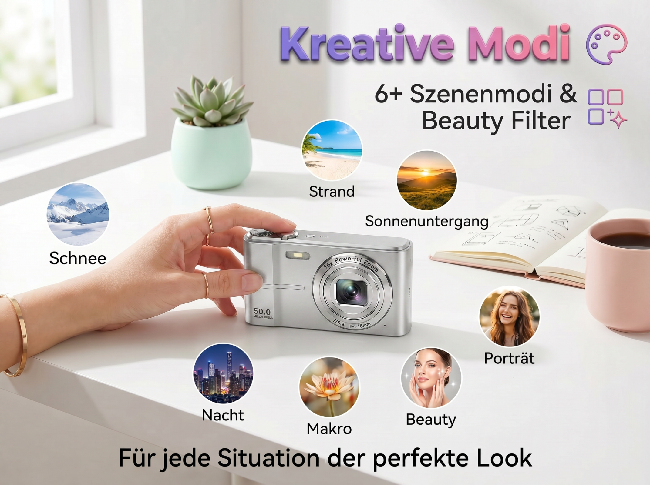 Digitalkamera mit verschiedenen Aufnahmemodi: Schnee, Strand, Sonnenuntergang, Nacht, Makro, Porträt, Beauty.