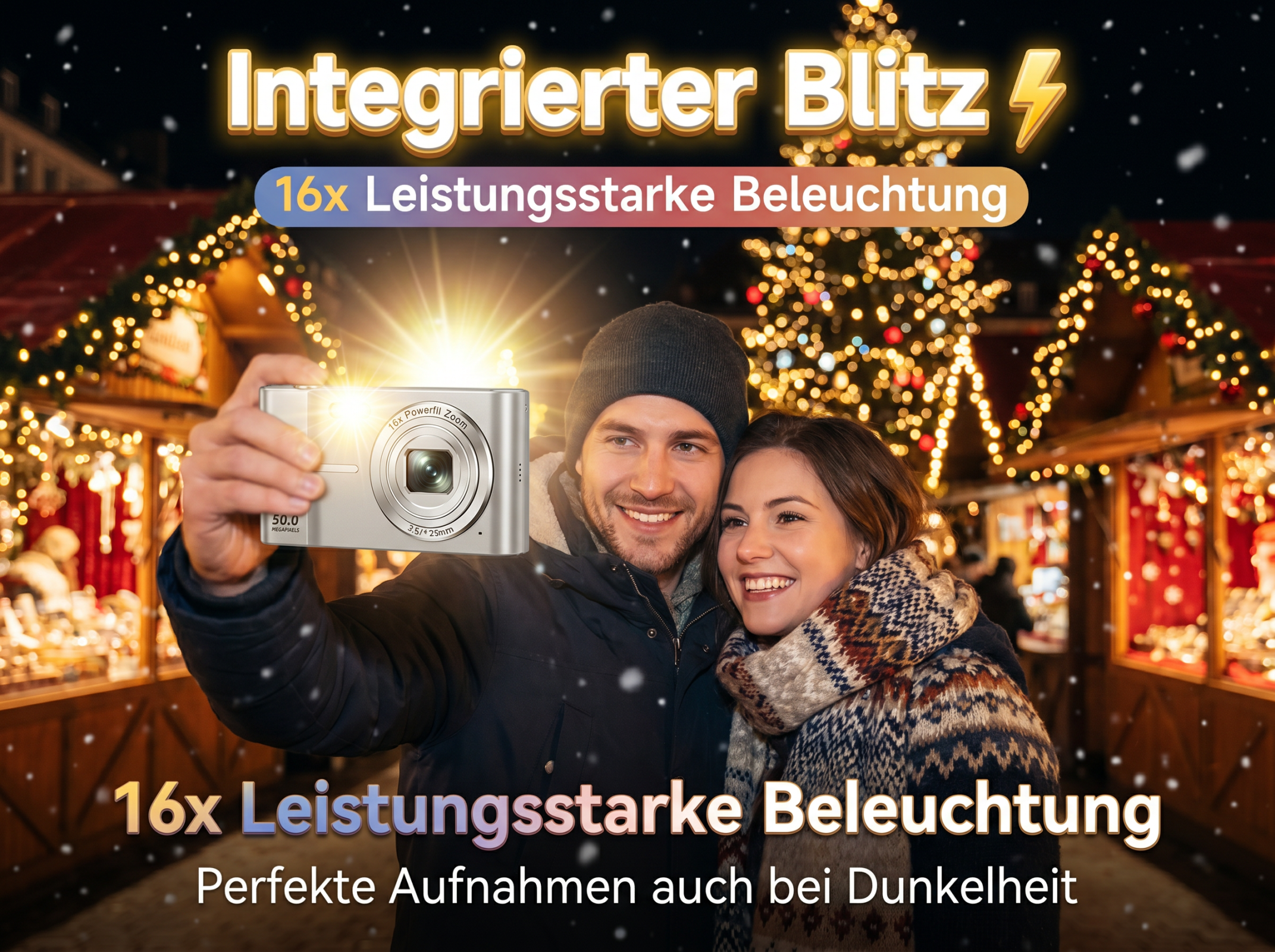 Ein Paar macht ein Selfie mit einer Kamera auf einem Weihnachtsmarkt, Schnee fällt.