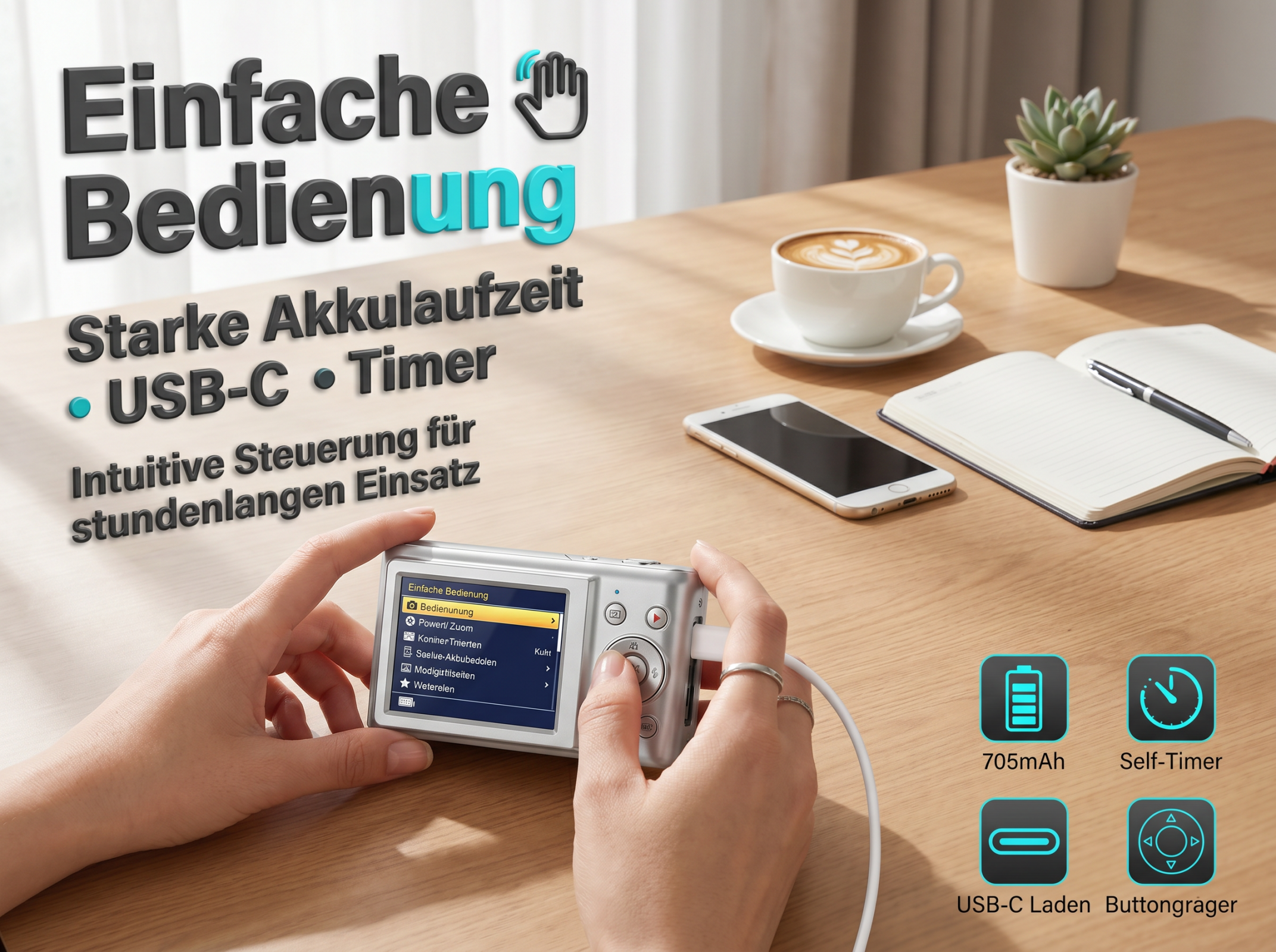 Eine Kamera wird mit einer Hand gehalten, die Menüoptionen anzeigt. Daneben ein Handy, Kaffee und Notizbuch.