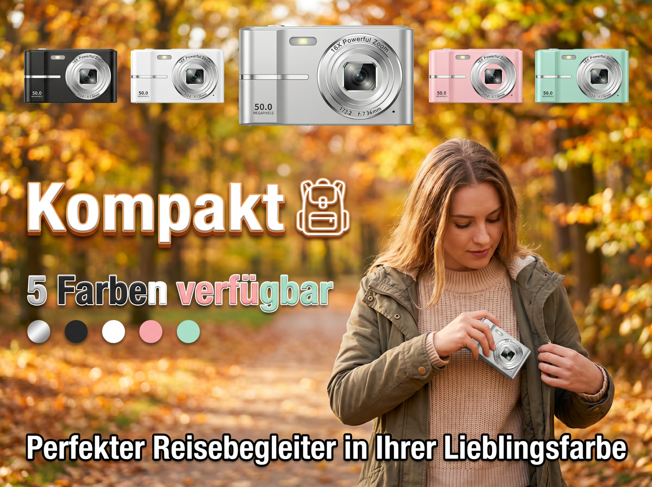 Eine Frau hält eine Kamera, 5 Farben werden gezeigt, mit Herbstlaub im Hintergrund.