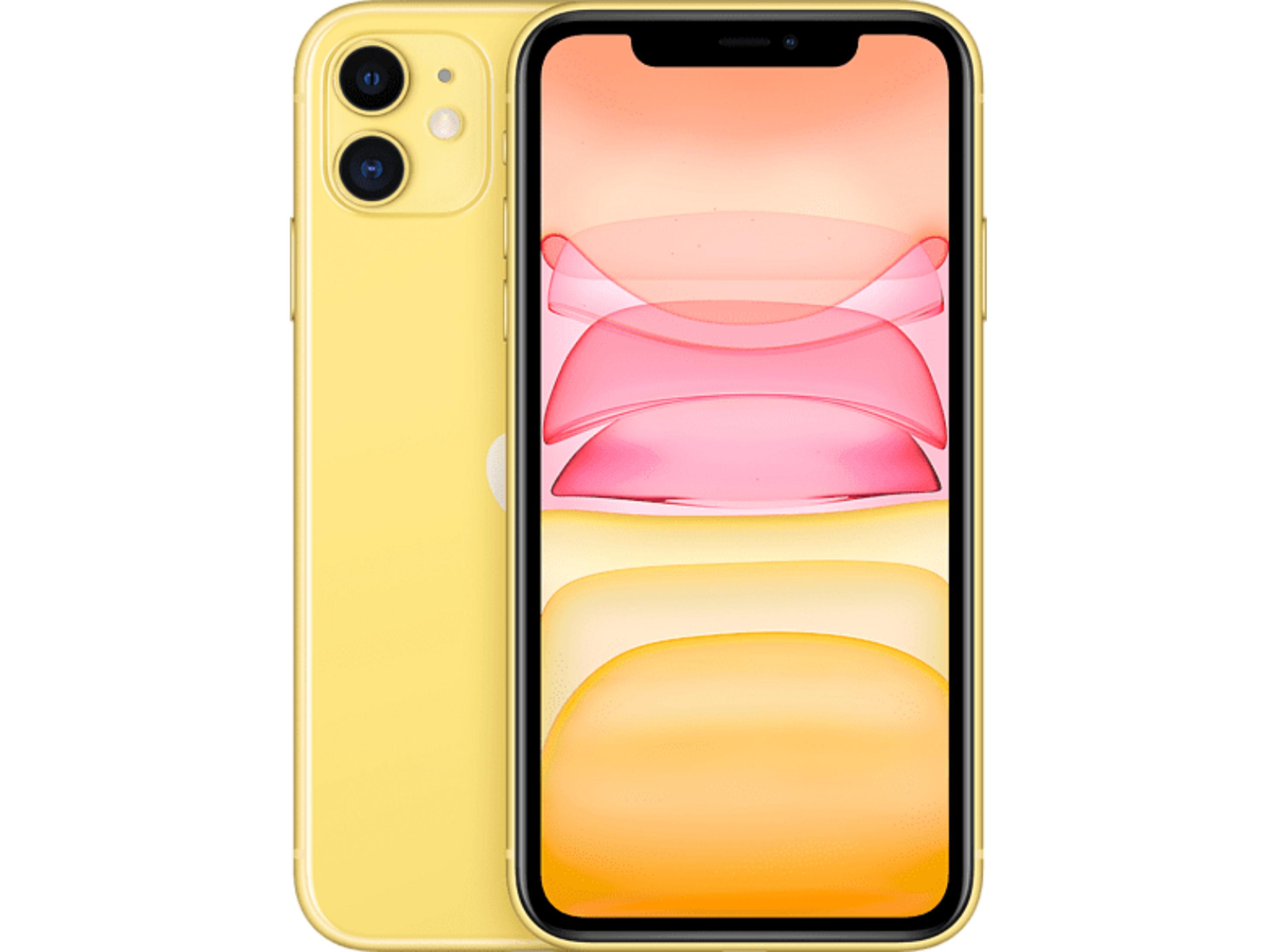 Un iPhone 11 giallo con doppia fotocamera posteriore e schermo.