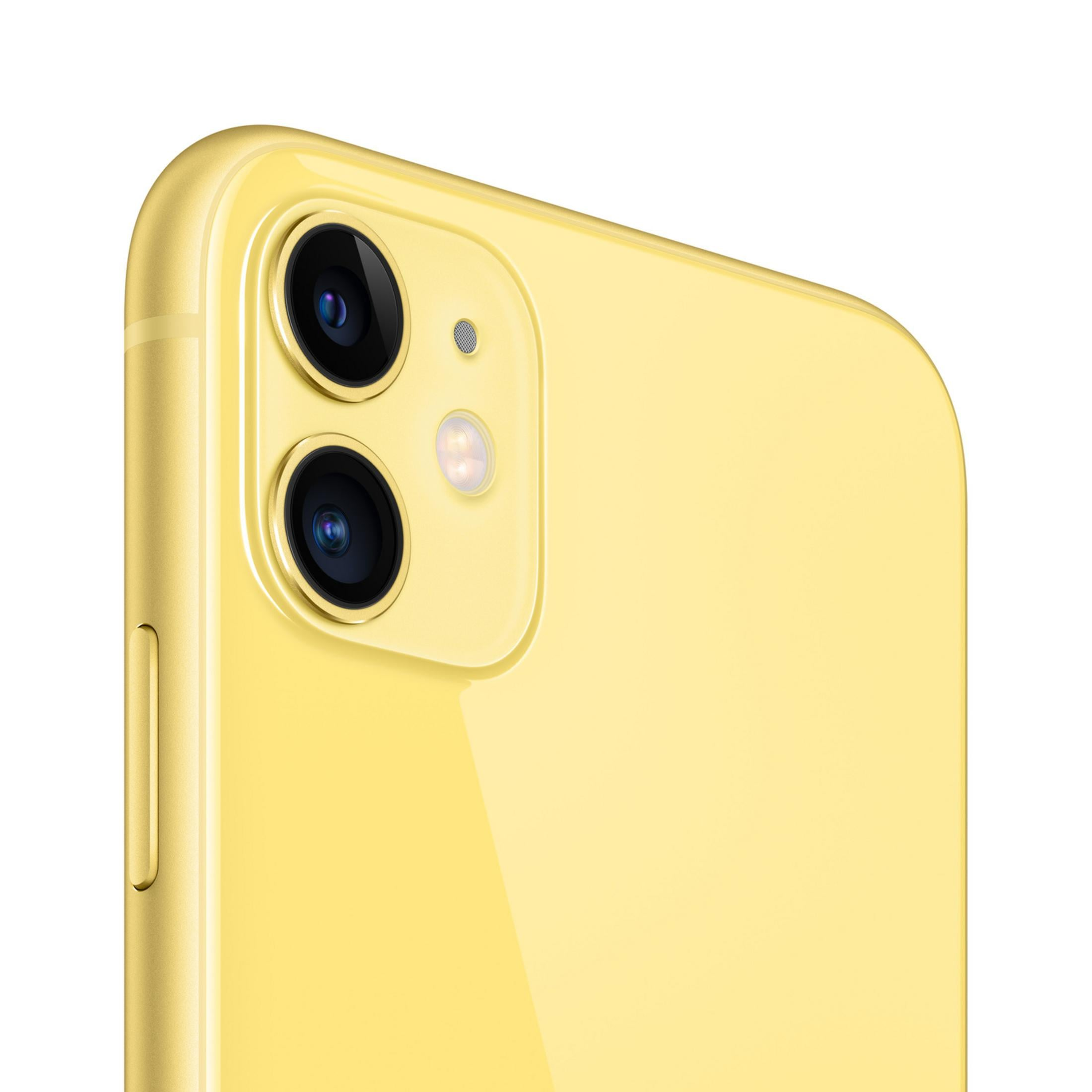 iPhone giallo con doppia fotocamera su sfondo bianco.