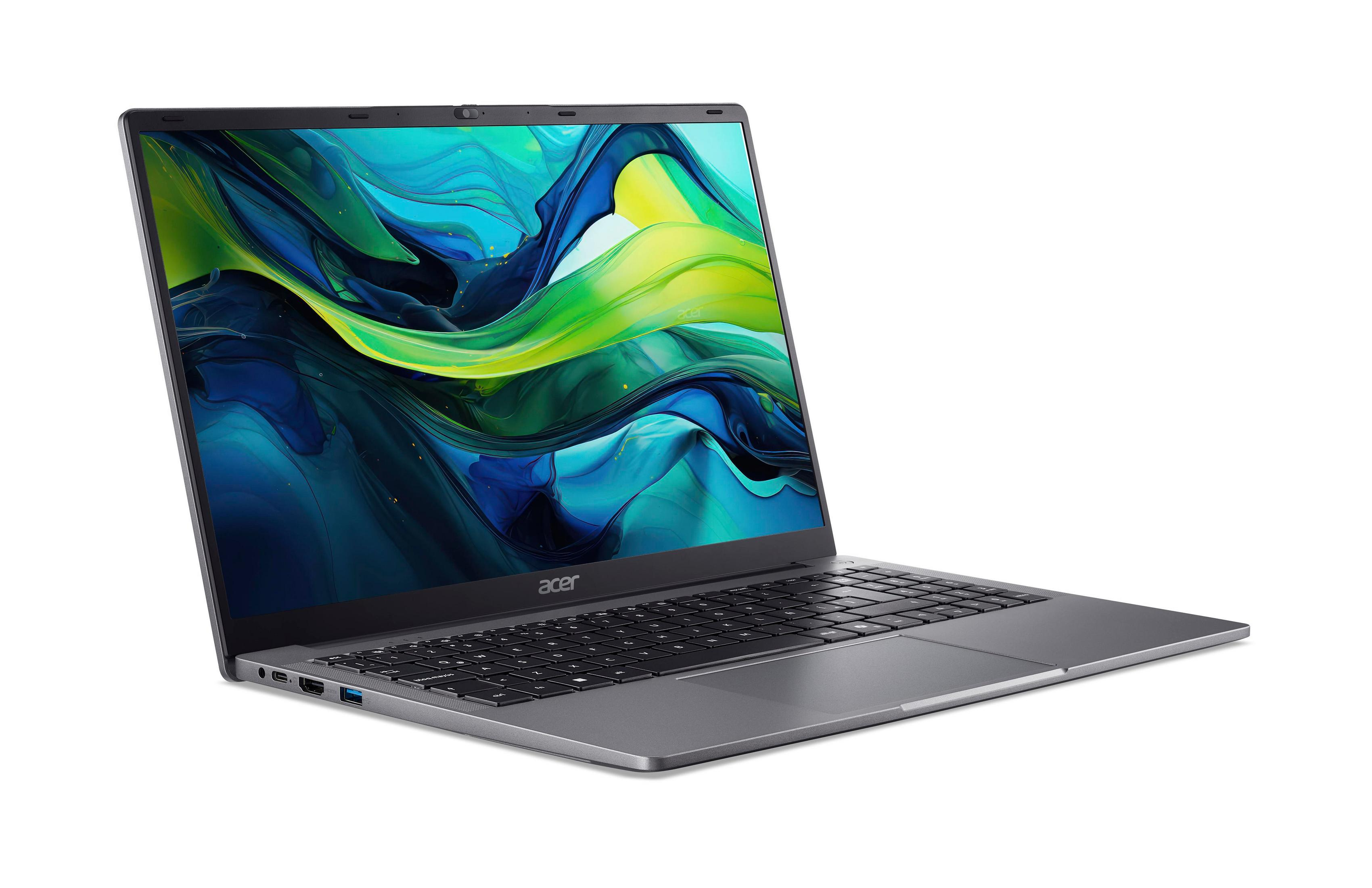 Ein silberner Acer Laptop mit einem abstrakten blauen und grünen Hintergrund auf dem Bildschirm.