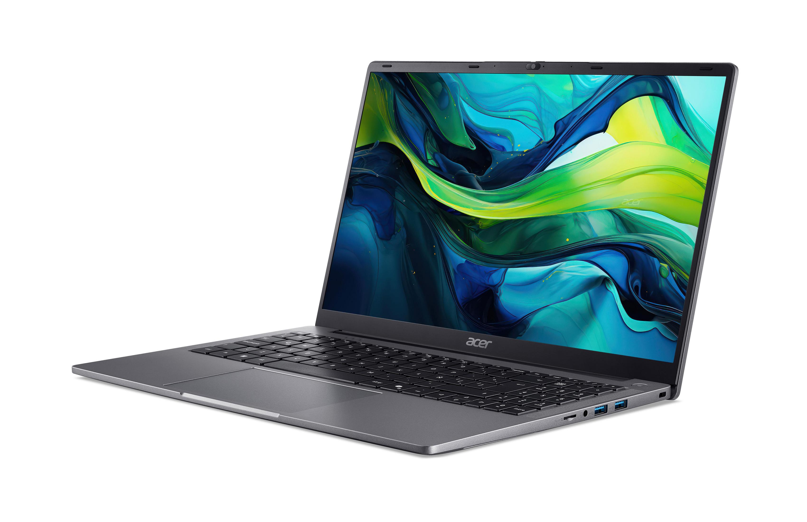 Grauer Acer Laptop mit Tastatur und farbigem Hintergrundbild auf dem Bildschirm.