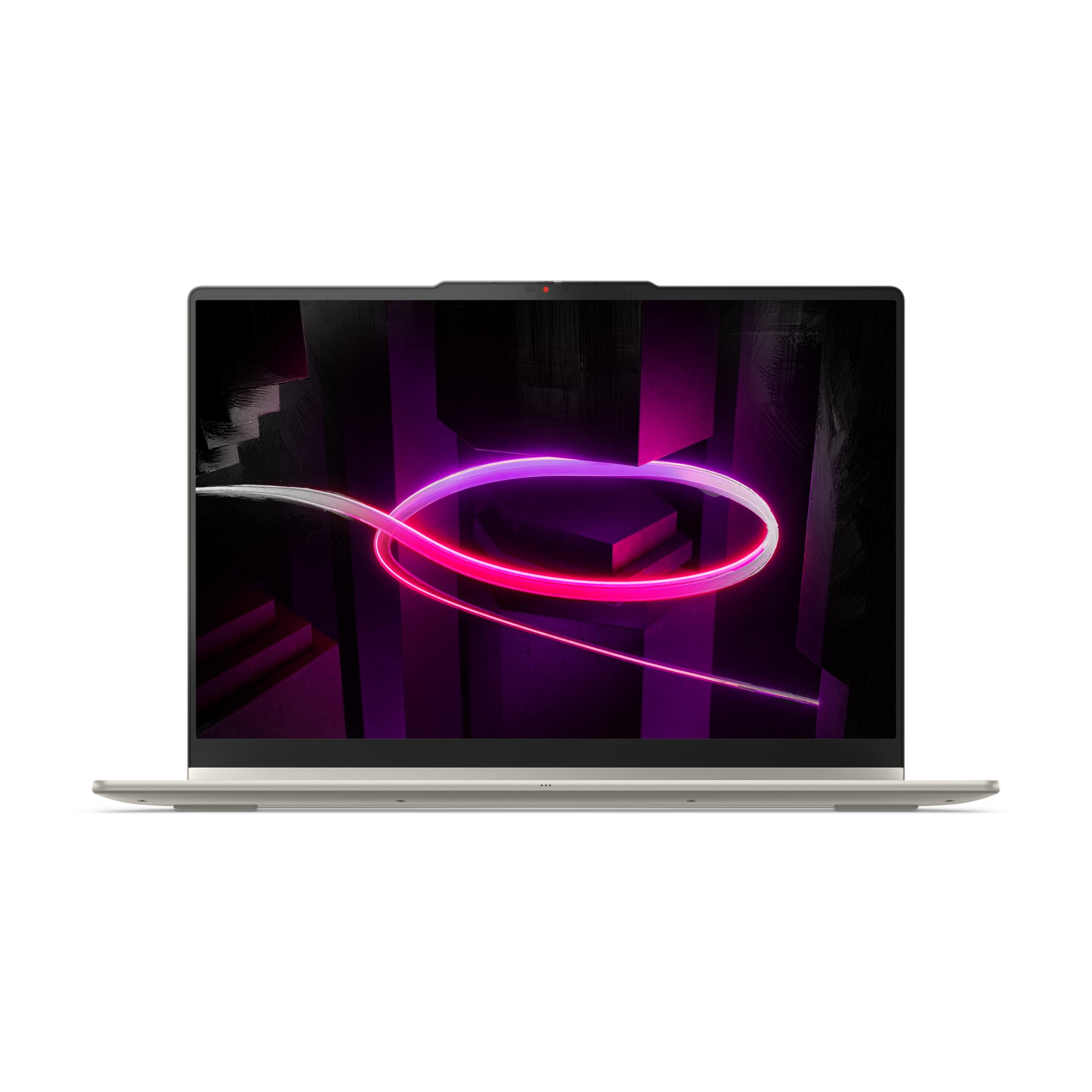 Ein Laptop mit einem dunklen, abstrakten Hintergrund und einem Neonring.