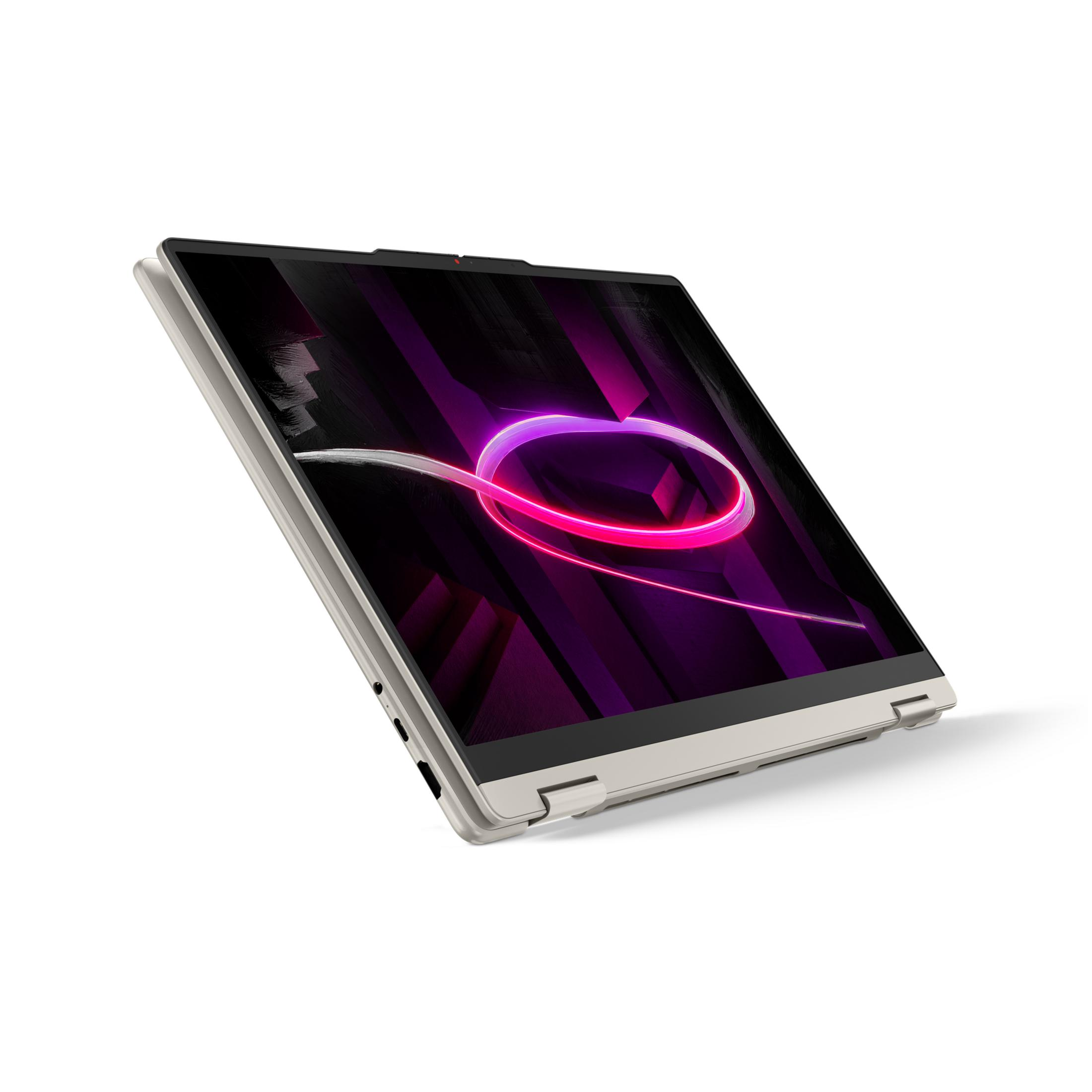 Ein offenes, hellgraues Laptop mit einem violetten und neonpinken Hintergrund.