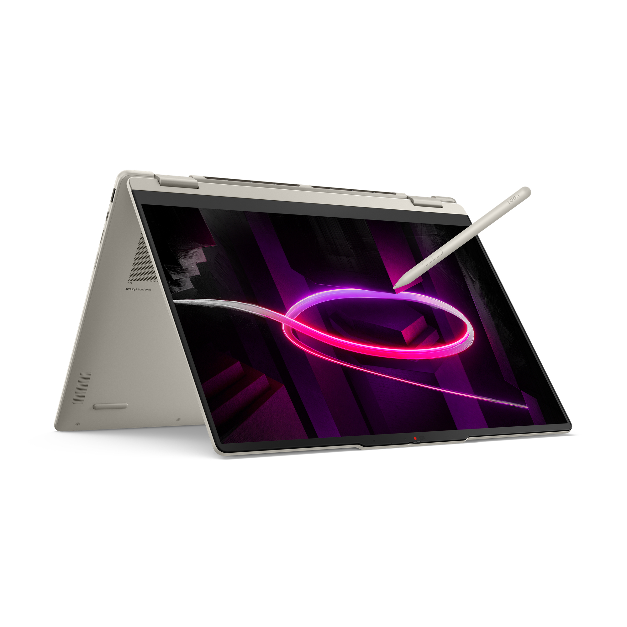 Ein silberner Laptop mit einem Stylus, der auf den Bildschirm zeigt. Der Bildschirm hat ein lila und pinkes Neonlicht-Design.