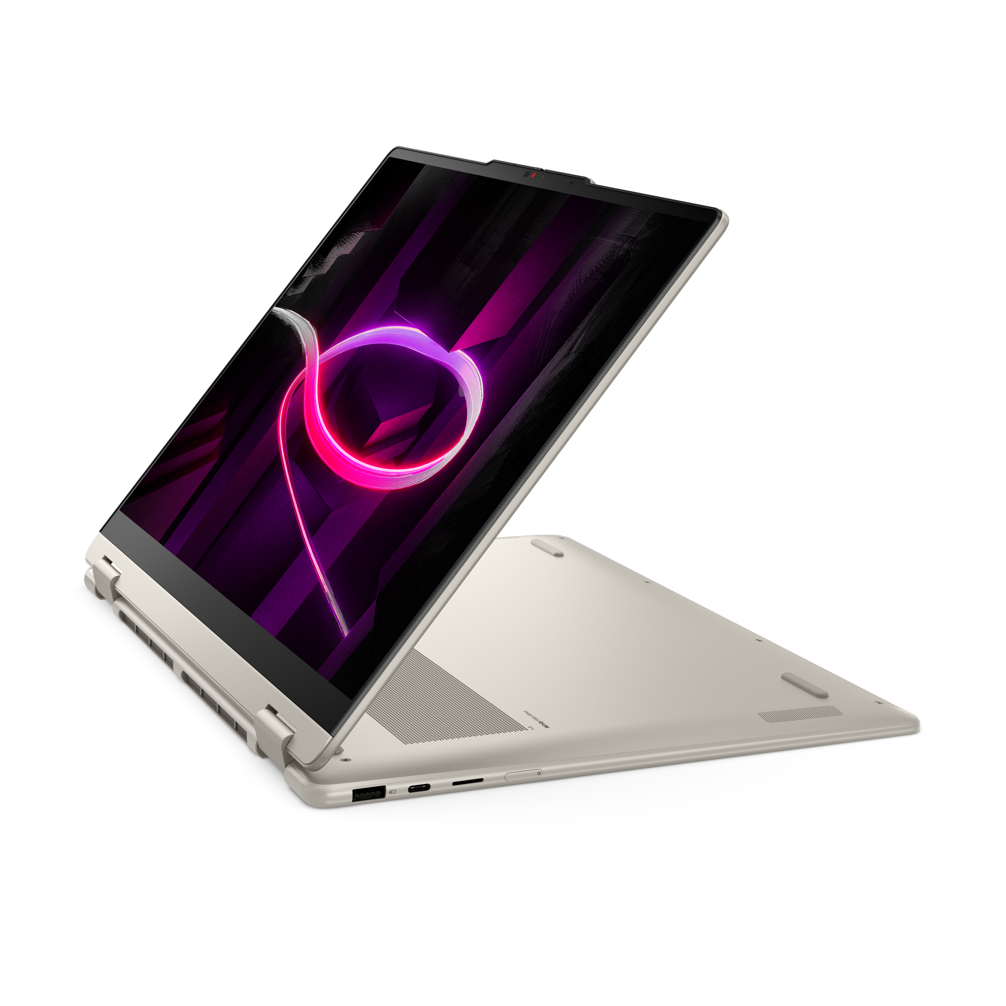 Ein offenes, hellbraunes Laptop mit einem lila und rosa Muster auf dem Bildschirm.