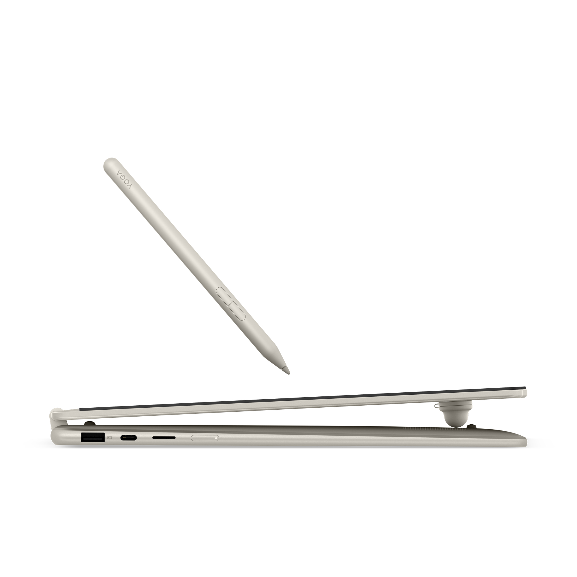 Ein grauer Stift schwebt über einem geöffneten Laptop. Auf dem Stift steht YOGA.