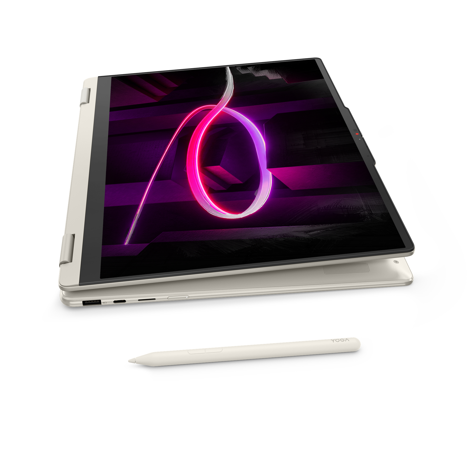 Ein beiges Laptop-Stift-Set mit einem modernen, abstrakten Hintergrund auf dem Bildschirm.