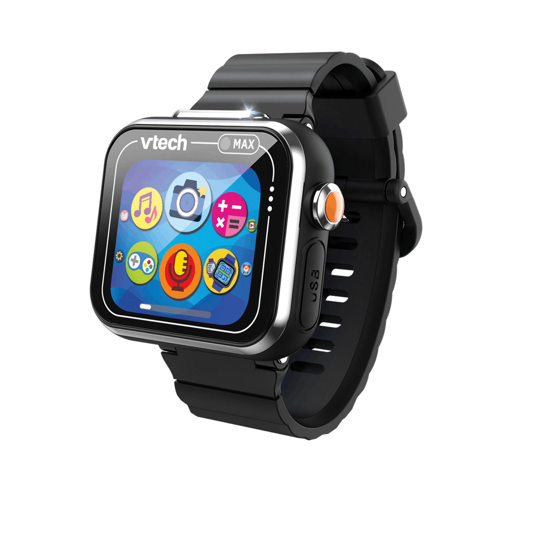 Uno smartwatch Vtech nero per bambini con icone di app colorate sullo schermo.