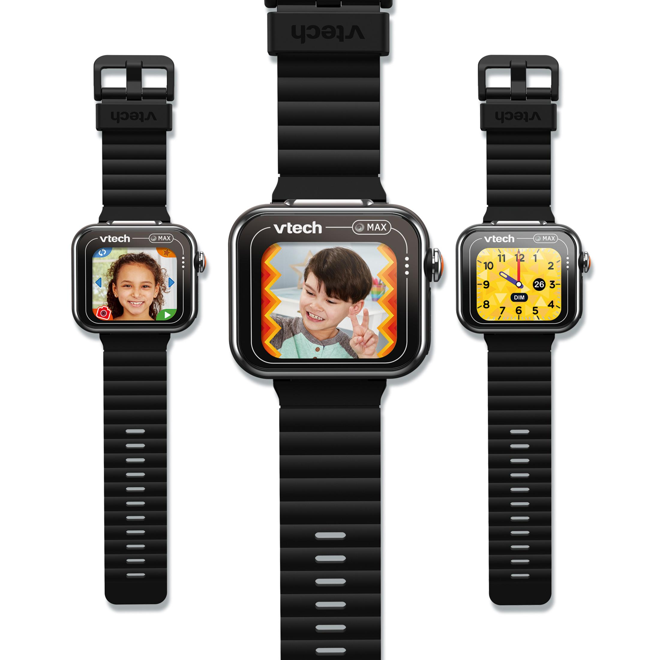 Tre orologi VTech neri uno accanto all'altro. Due mostrano foto di bambini, uno un orologio.