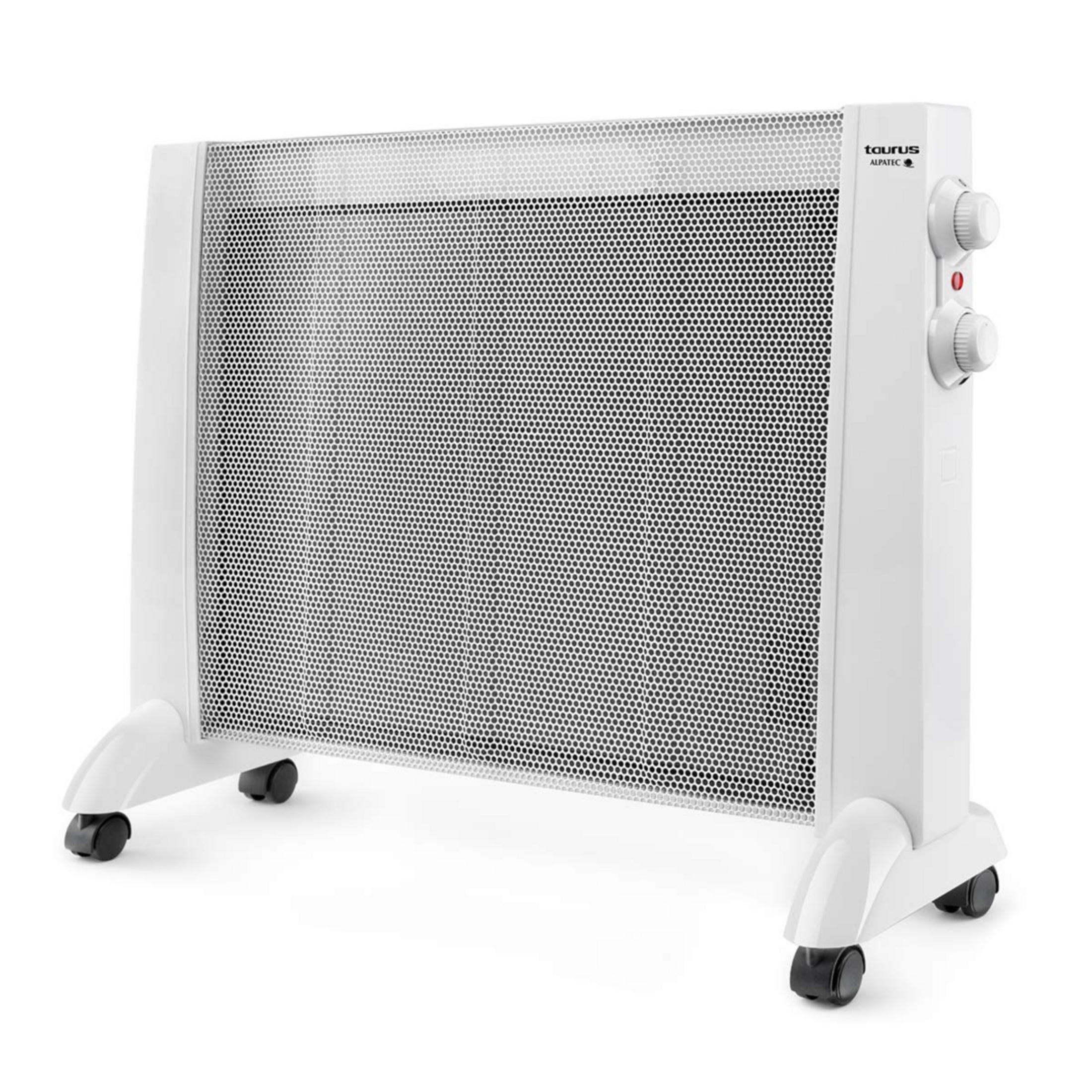 Un radiatore bianco con ruote e manopole nere.